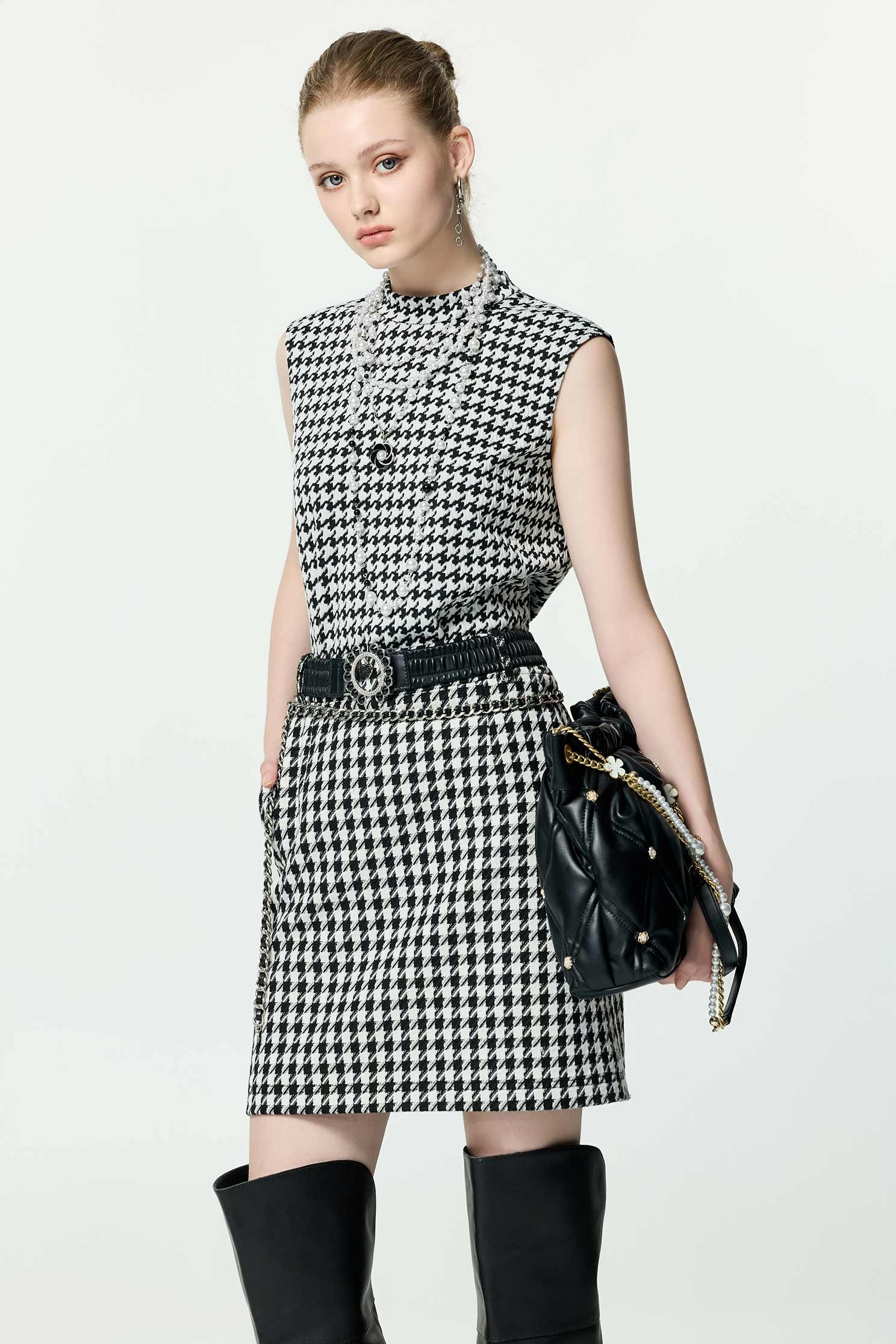 Houndstooth Stand Collar VestHoundstooth Stand Collar Vest,sleeveless tops,Season (AW) Look,sleeveless tops