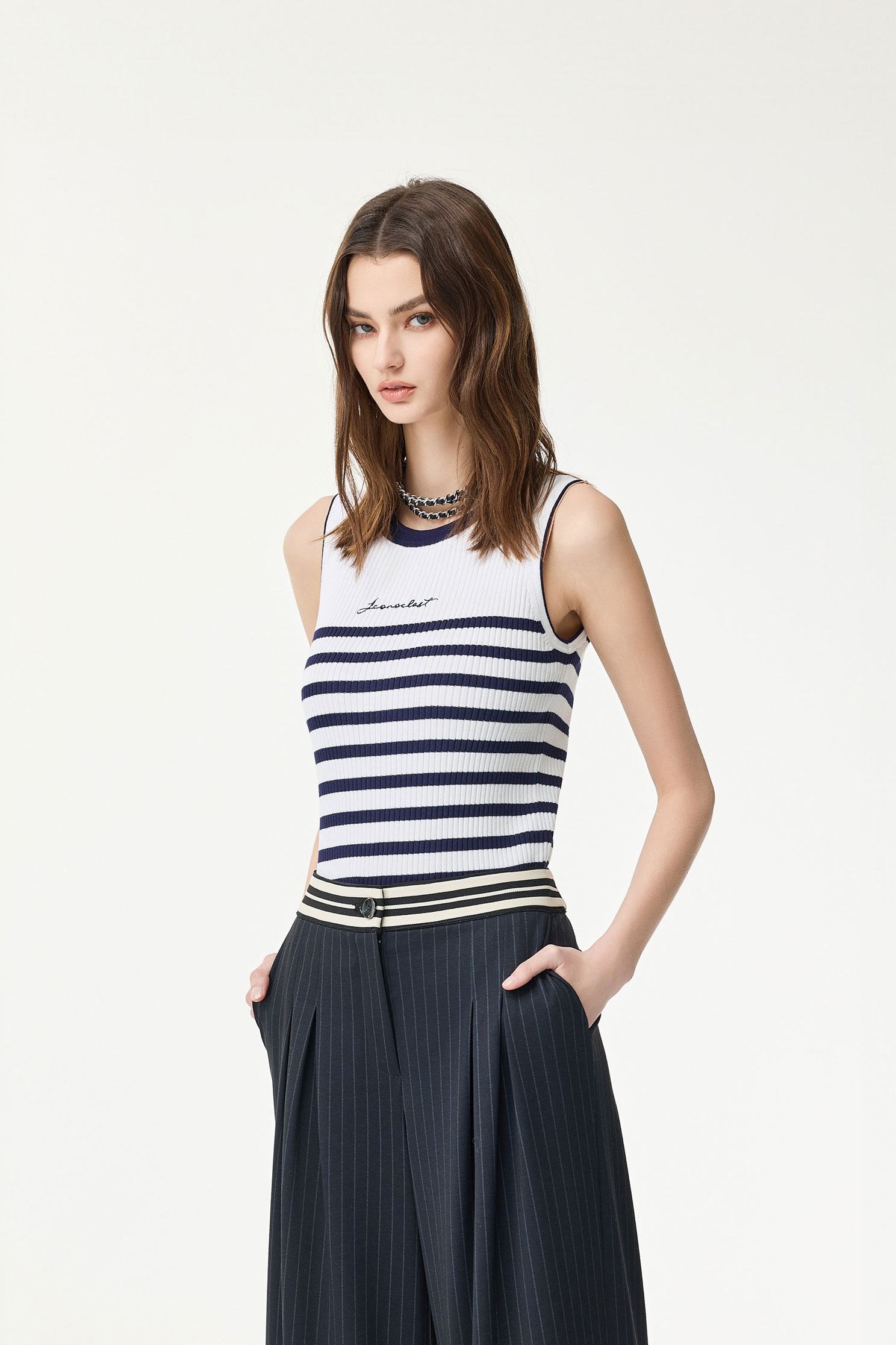 Navy Stripe Knit Tank TopNavy Stripe Knit Tank Top,sleeveless tops,Season (SS) Look,Stripe,Embroidered,sleeveless tops,Knitted,Knitted tops
