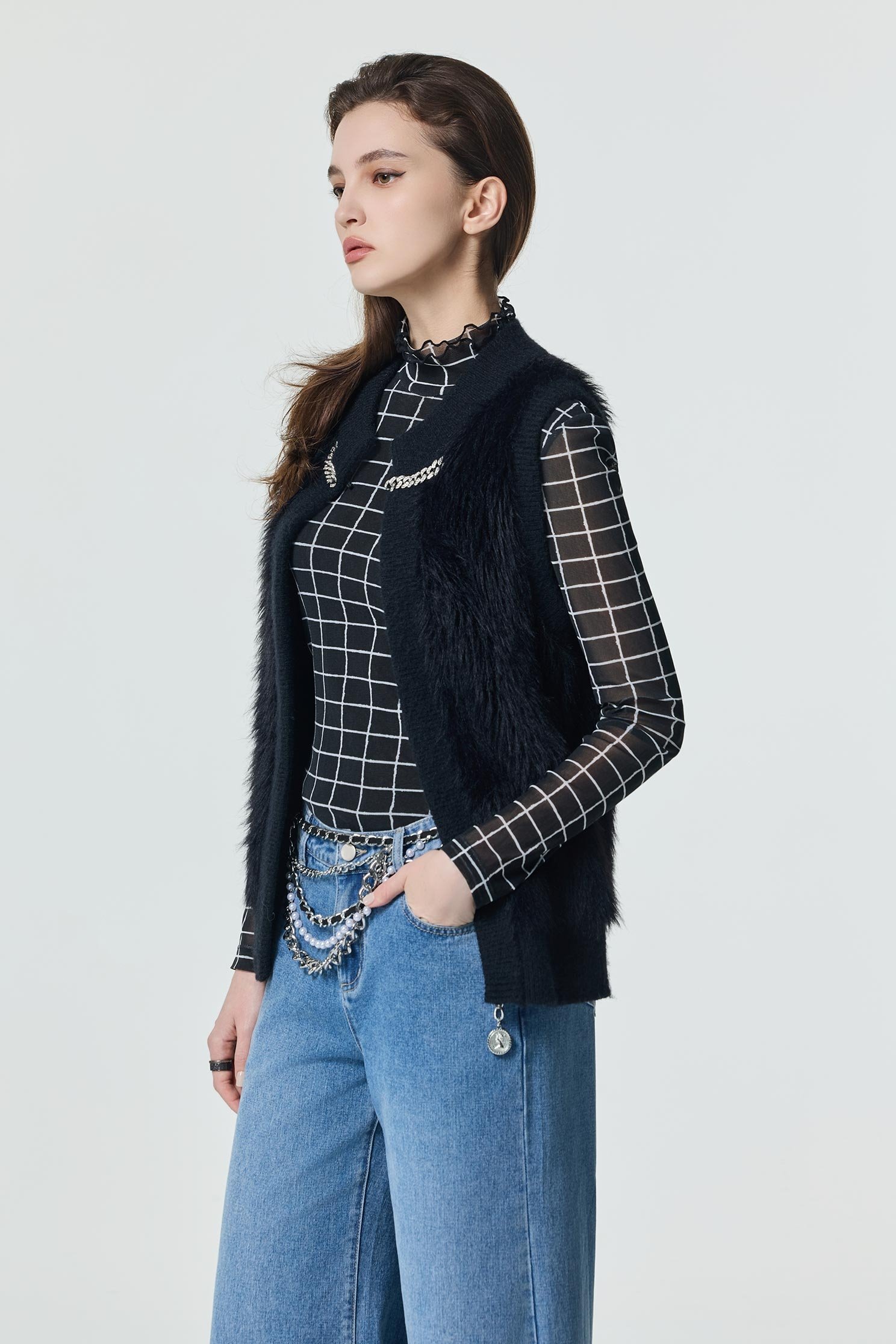 Faux Fur Knit Black VestFaux Fur Knit Black Vest,sleeveless tops,Season (SS) Look,sleeveless tops,Knitted,Knitted tops,Black tops