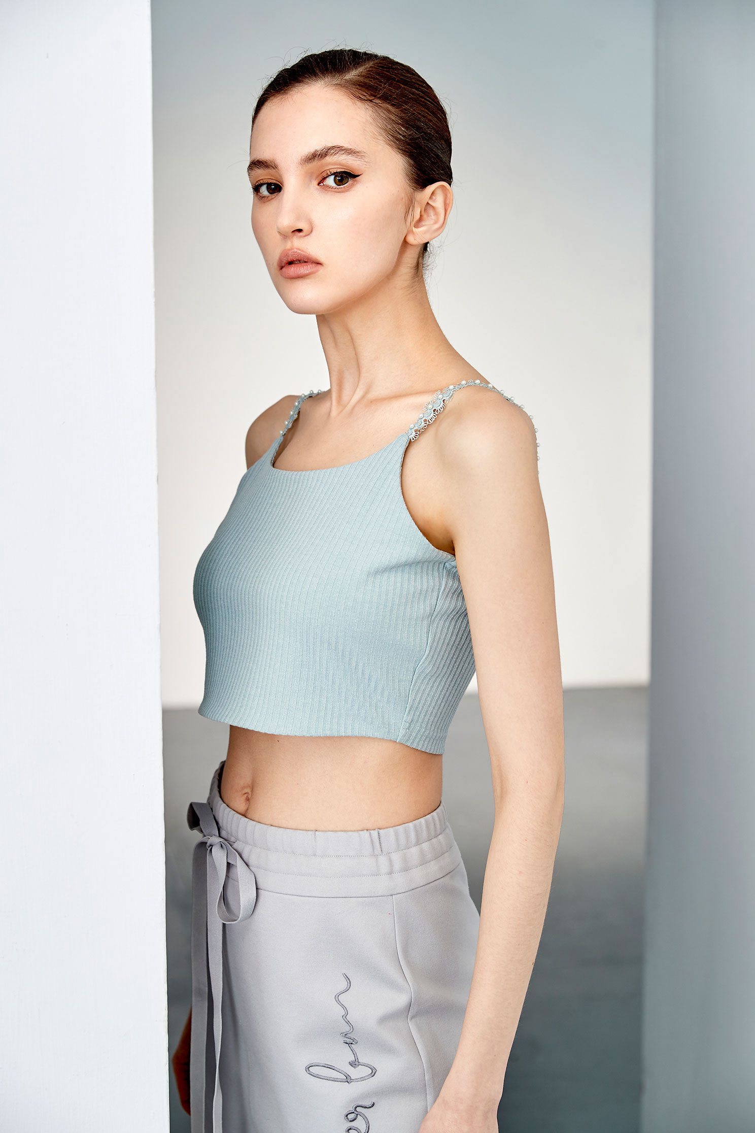 Basic Knit Tank Top With Beaded StrapStrappy crop vest top with lace and faux pearl,Rayon,Season (SS) Look,mothergift,pearl,healing colors,iROO LIVE,sleeveless tops,Lace