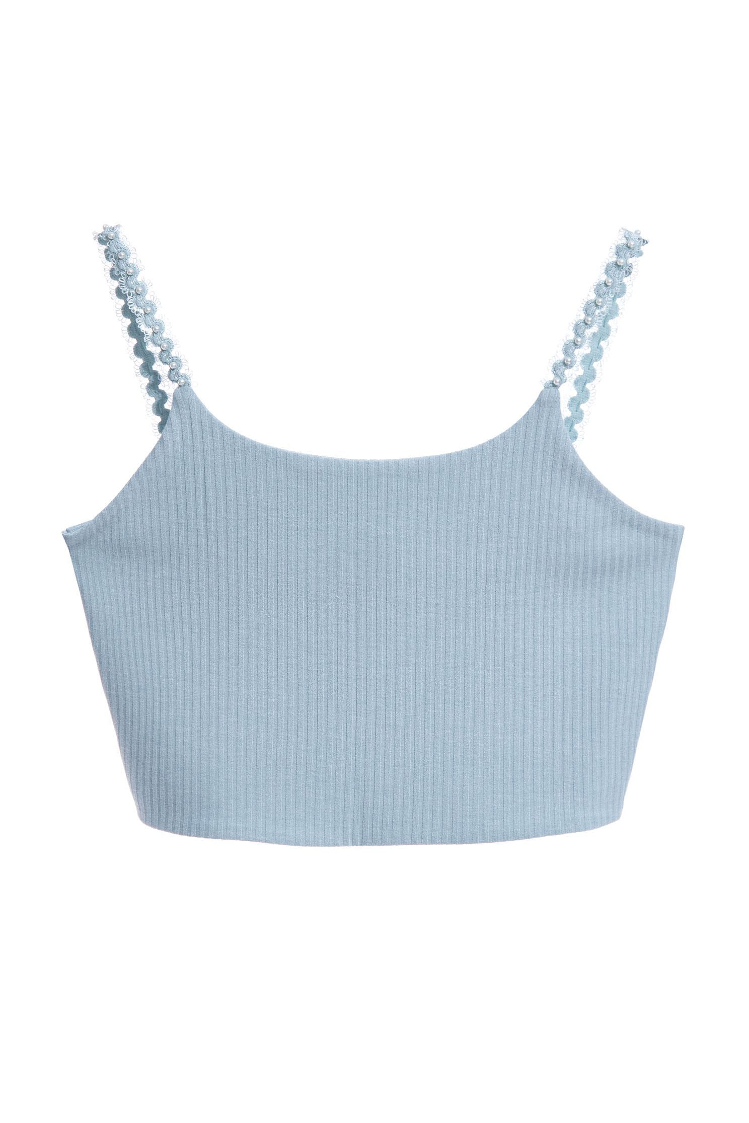 Basic Knit Tank Top With Beaded StrapStrappy crop vest top with lace and faux pearl,Rayon,Season (SS) Look,mothergift,pearl,healing colors,iROO LIVE,sleeveless tops,Lace