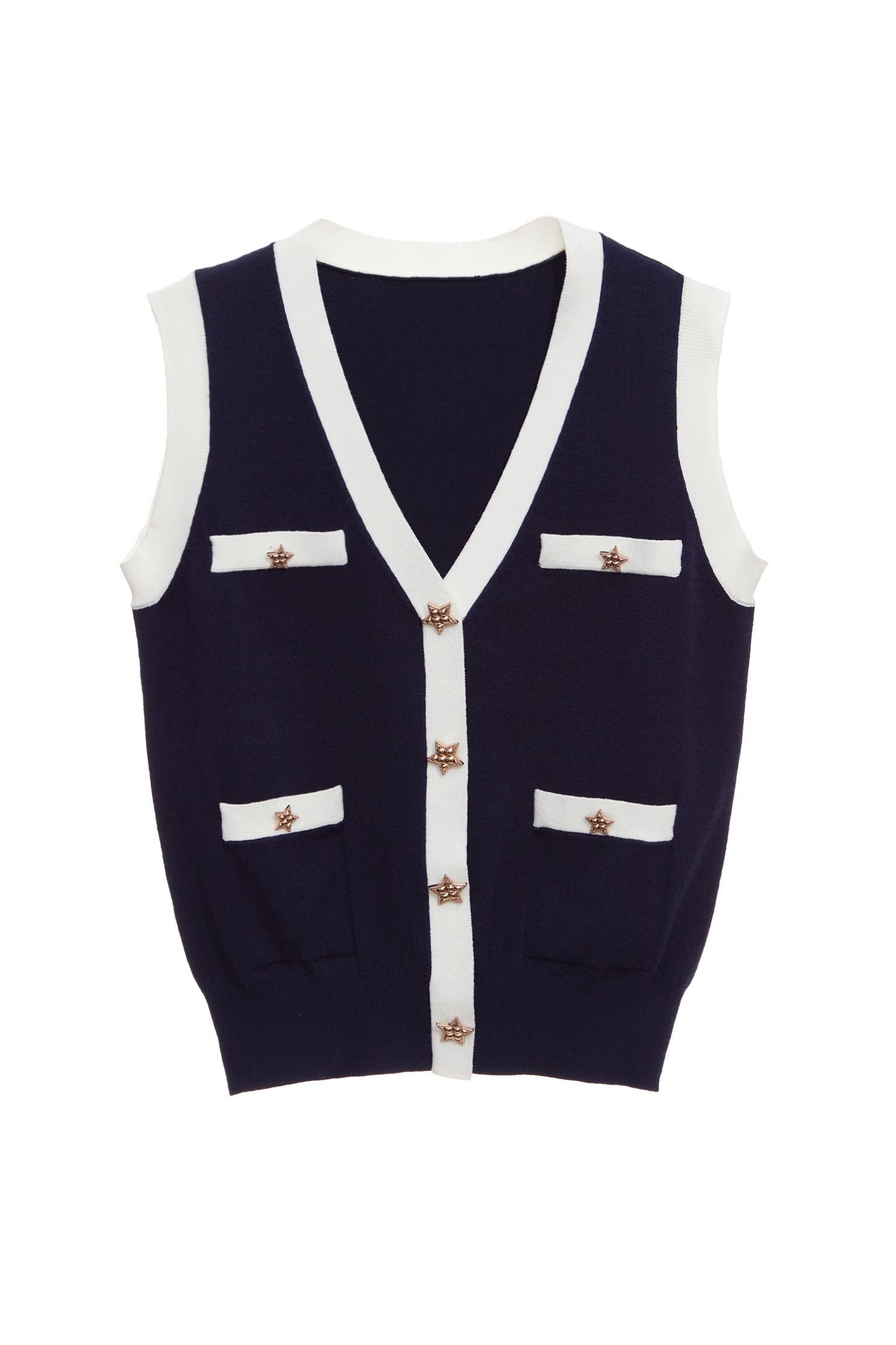 Contrast Trim Midnight Blue Knit VestContrast Trim Midnight Blue Knit Vest,V-Neck T shirts,sleeveless tops,Tops,Season (SS) Look,sleeveless tops,sleeveless tops,Knitted,Knitted tops