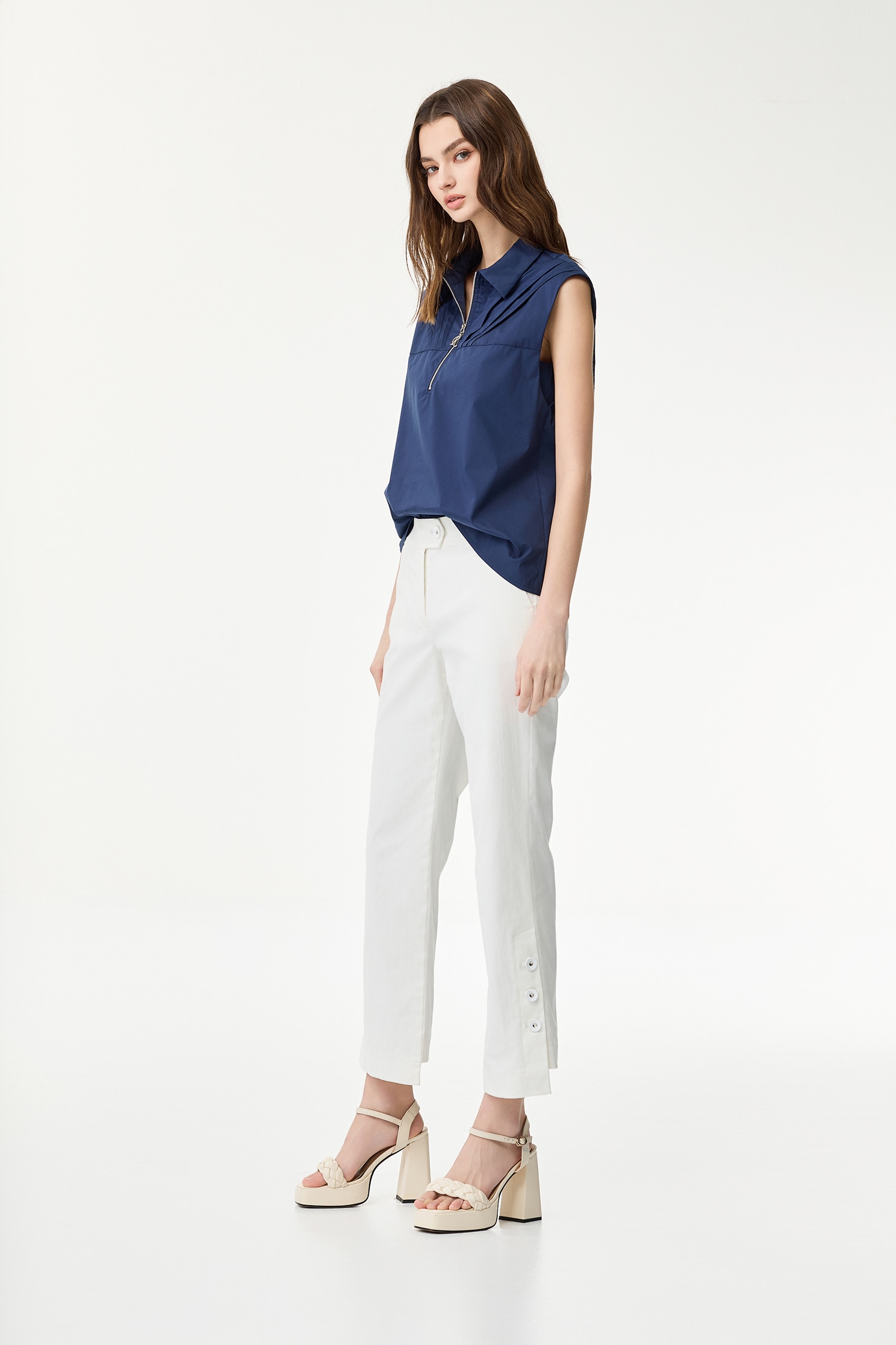 Pleated Detail Navy VestPleated Detail Navy Vest,sleeveless tops,Season (SS) Look,sleeveless tops,Blouses
