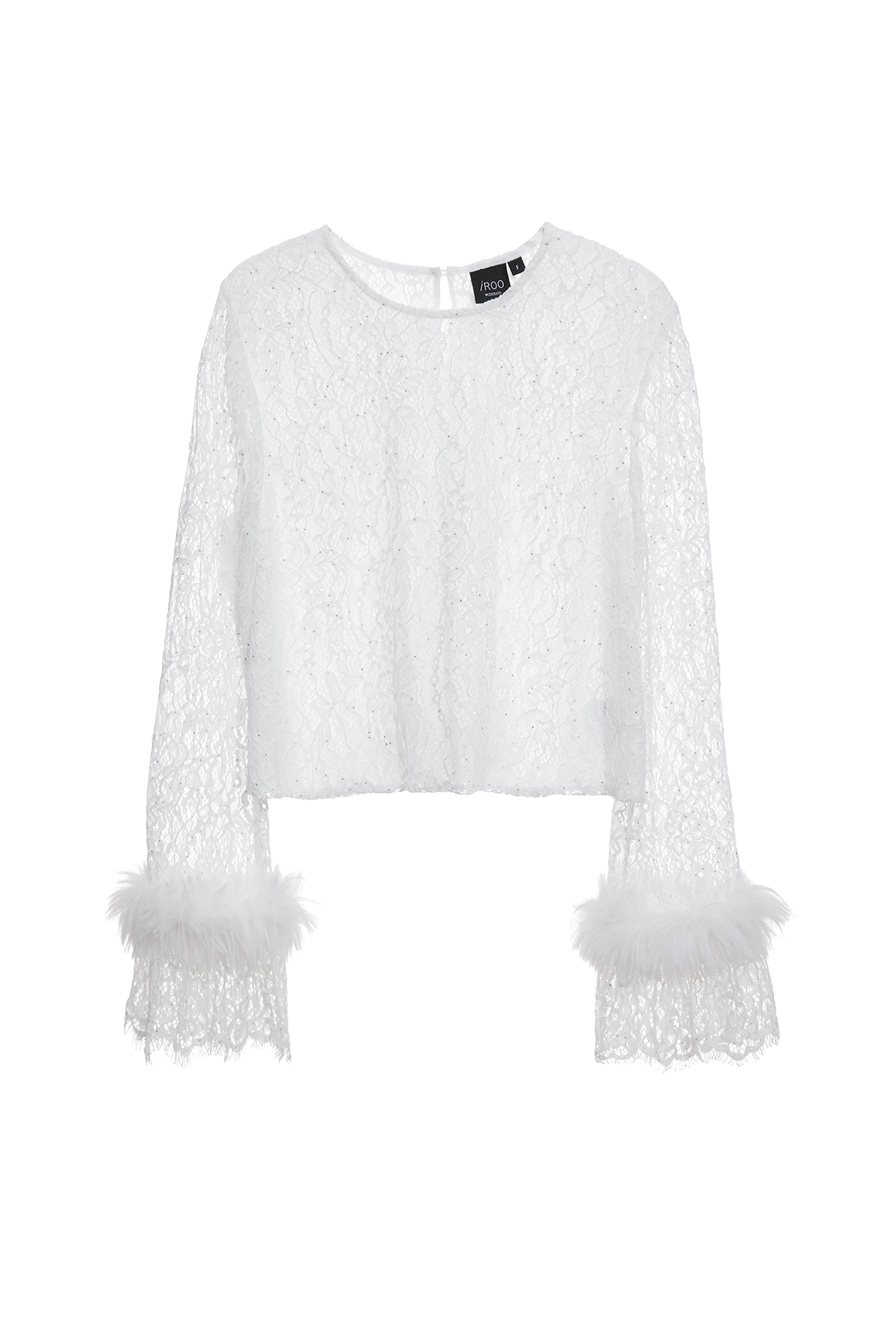 Long Sleeve Lace Top With Feather Trim DetailLong Sleeve Lace Top With Feather Trim Detail,Tops,Season (SS) Look,White tops,Lace