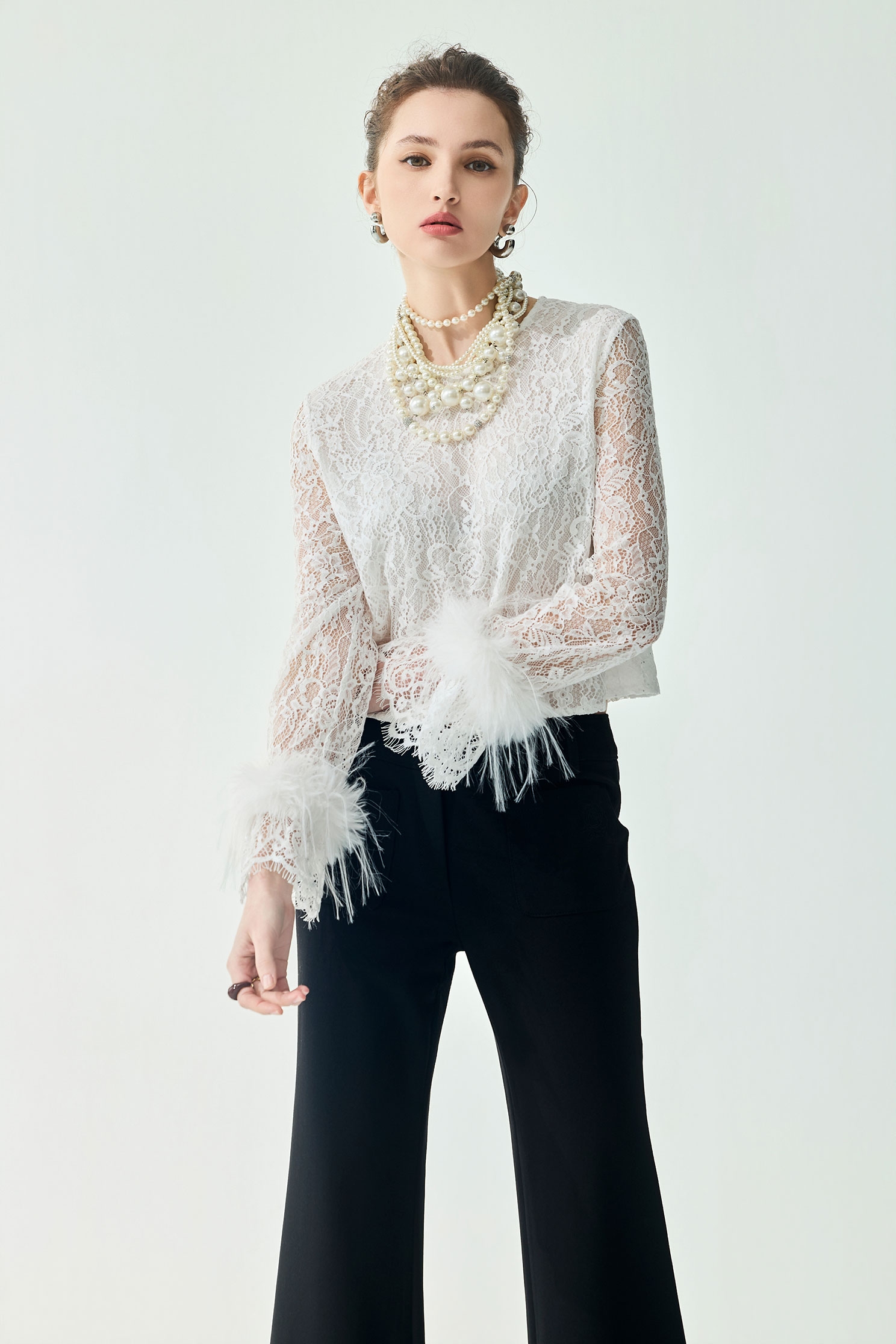 Long Sleeve Lace Top With Feather Trim DetailLong Sleeve Lace Top With Feather Trim Detail,Tops,Season (SS) Look,White tops,Lace