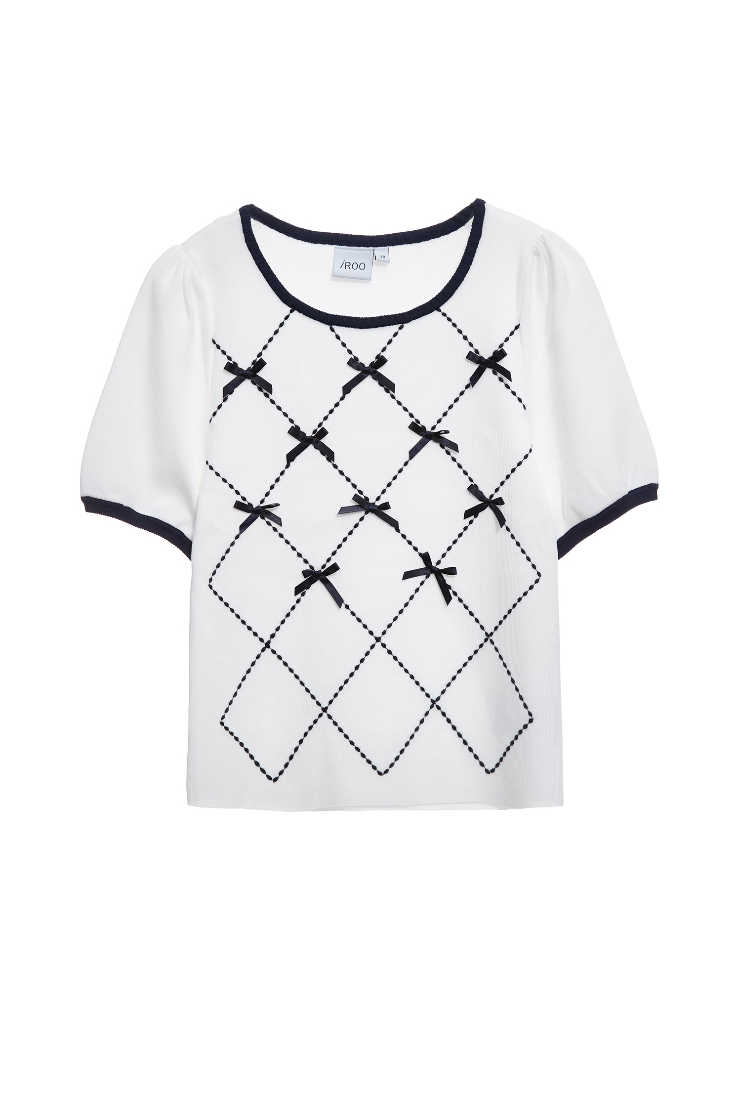 Contrast Navy Bow Detail Knit TopContrast Navy Bow Detail Knit Top,Tops,Embroidered,Season (SS) Look,Plaid,White tops,bows,Knitted,Knitted tops