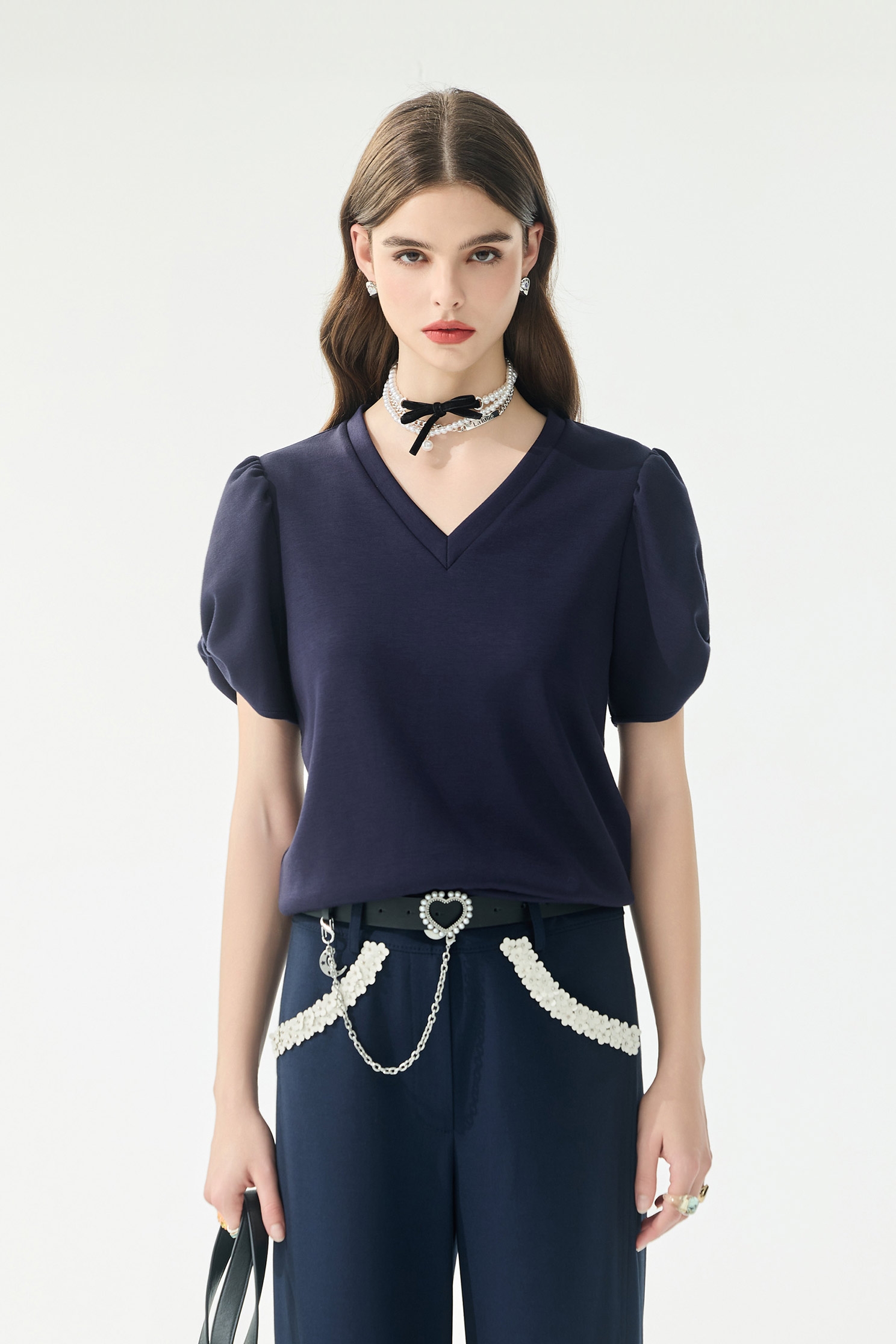 Slit Sleeve Navy V-neck TopSlit Sleeve Navy V-neck Top,Tops,Season (SS) Look