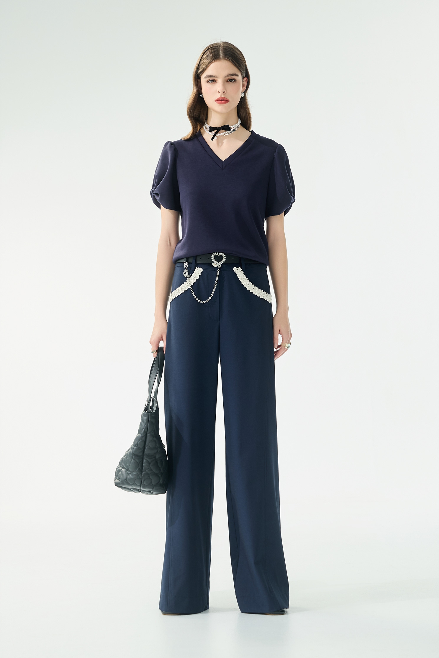 Slit Sleeve Navy V-neck TopSlit Sleeve Navy V-neck Top,Tops,Season (SS) Look