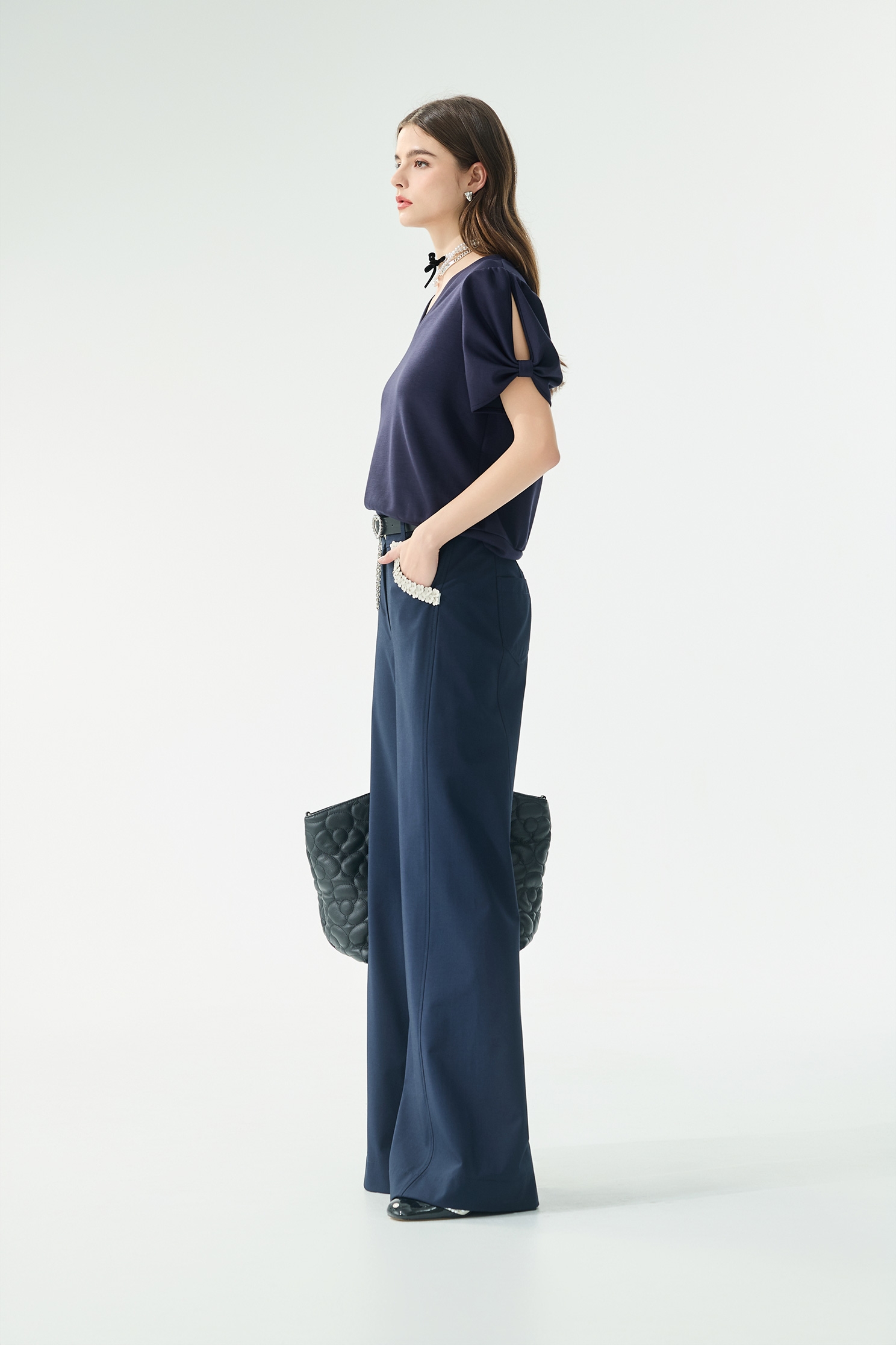 Slit Sleeve Navy V-neck TopSlit Sleeve Navy V-neck Top,Tops,Season (SS) Look