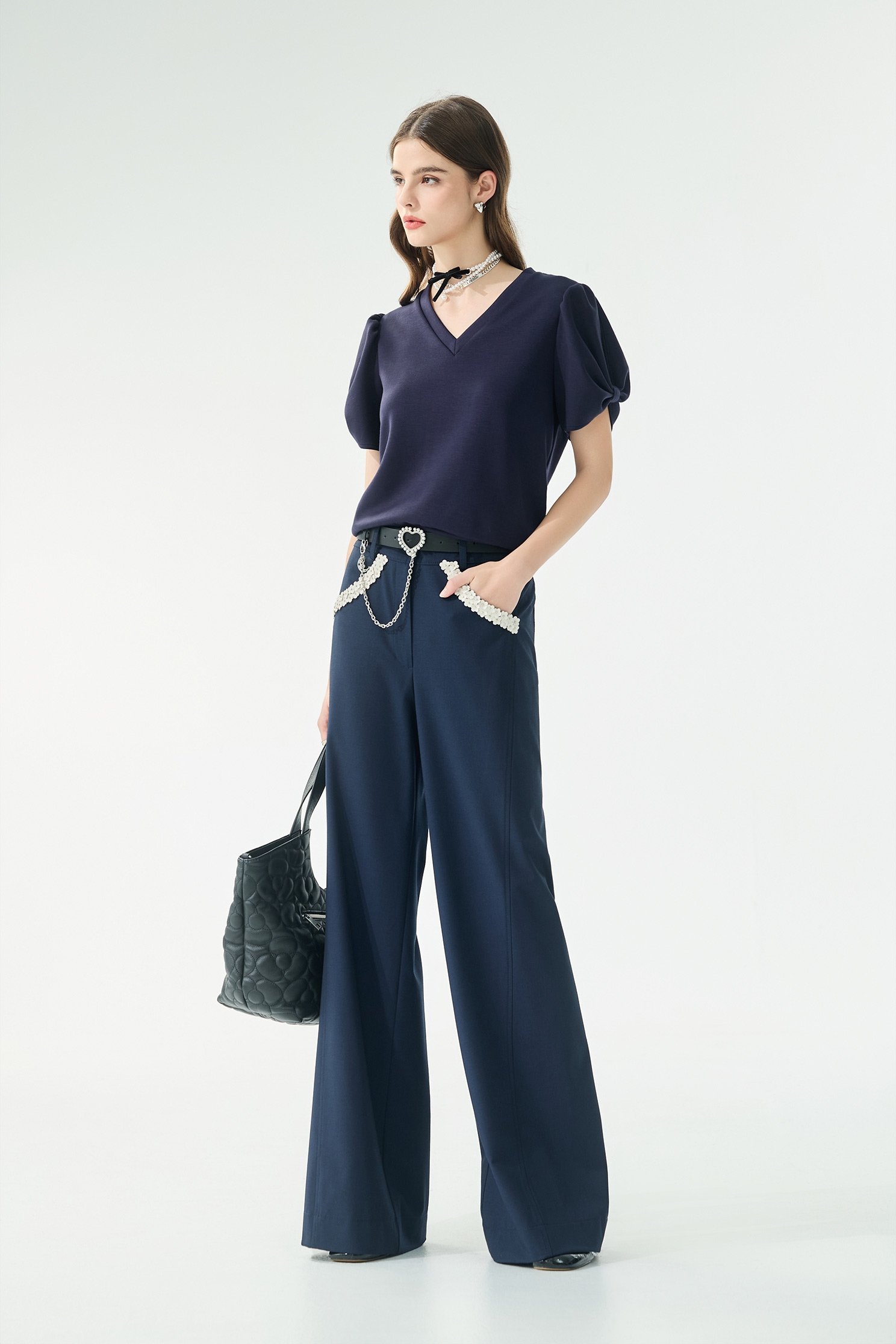 Slit Sleeve Navy V-neck TopSlit Sleeve Navy V-neck Top,Tops,Season (SS) Look