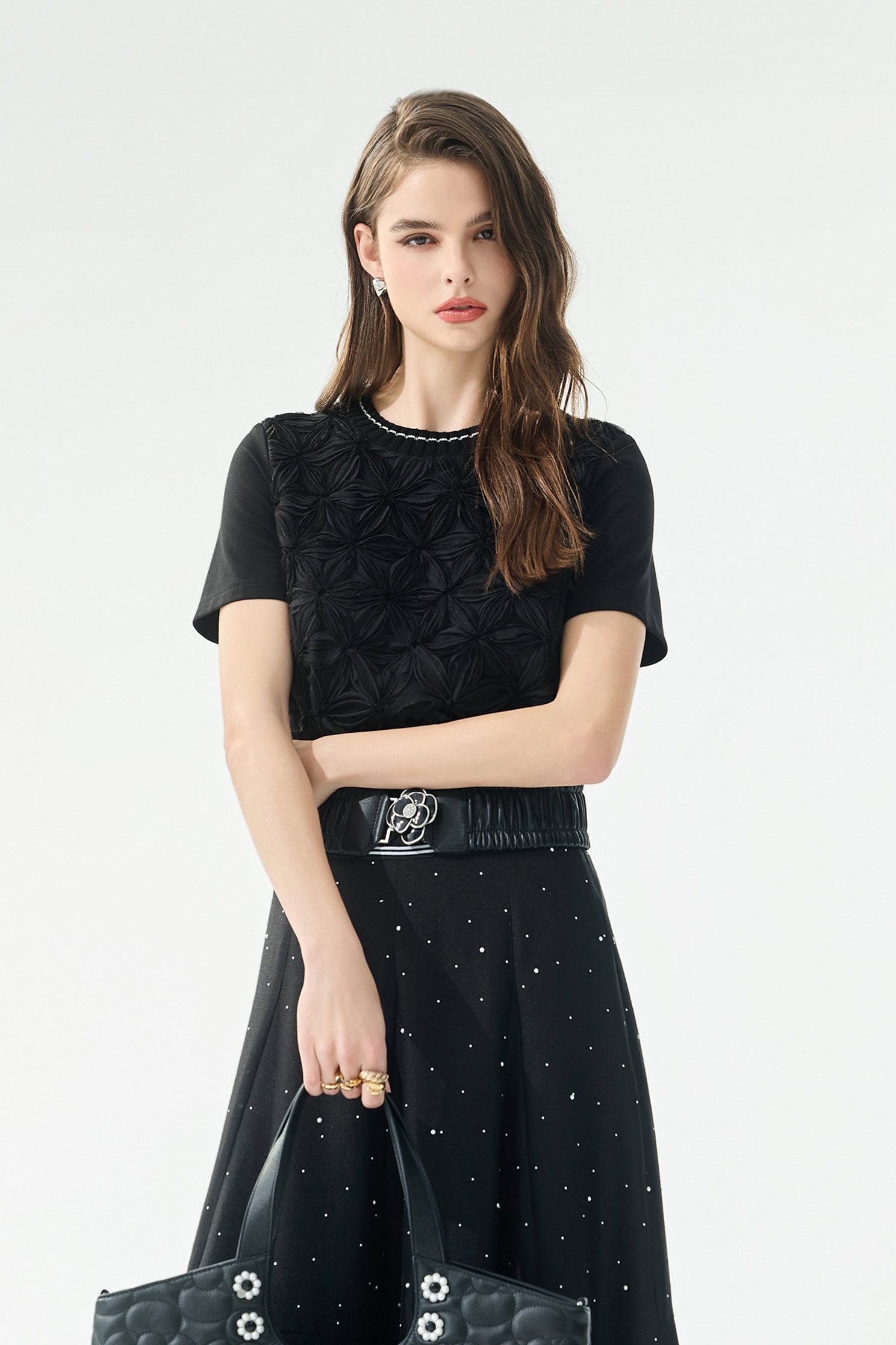 3-D Floral Short Sleeve Top3-D Floral Short Sleeve Top,Tops,Season (SS) Look,Lace,black tops