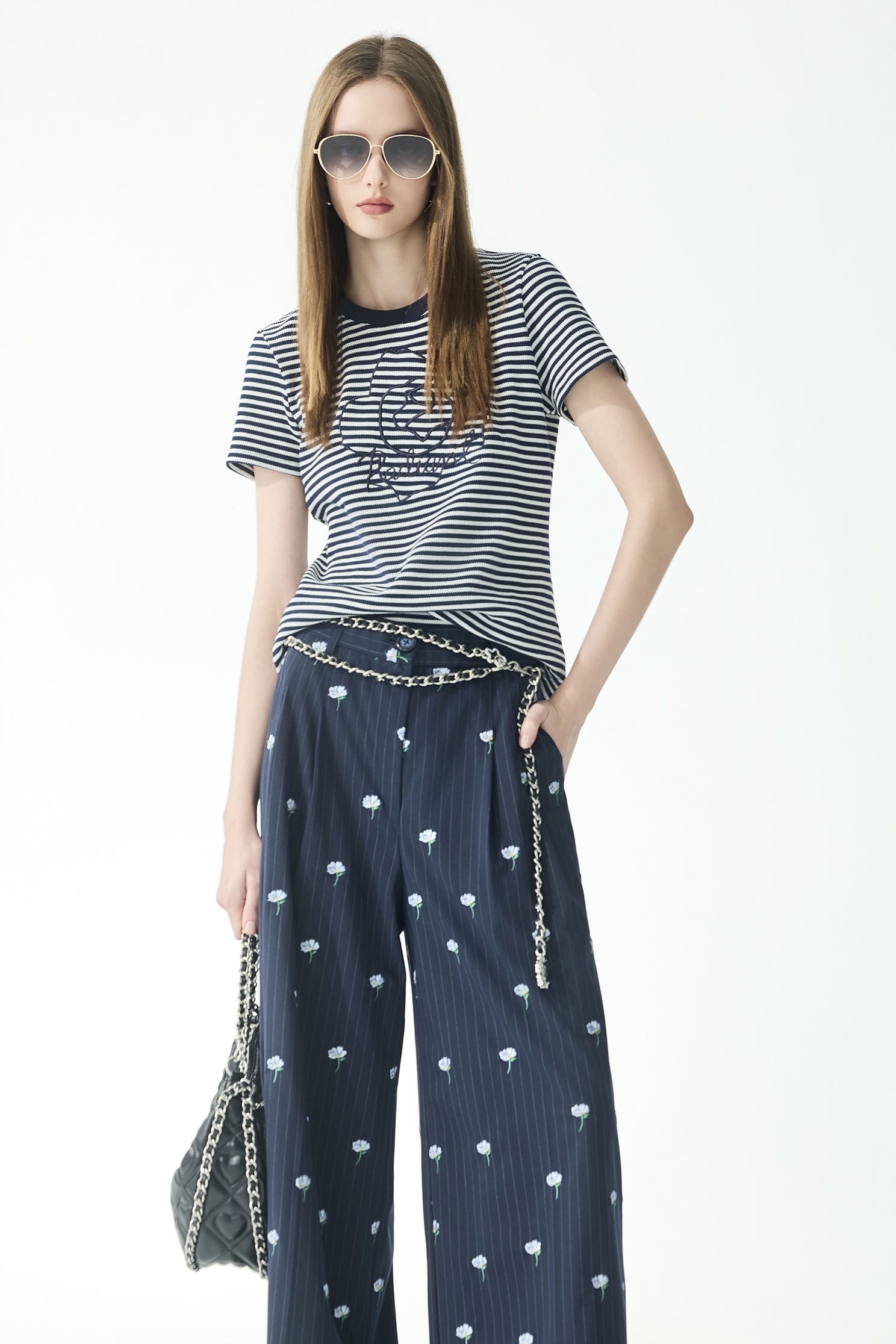 Rose Embroidery Stripe TeeRose Embroidery Stripe Tee,Tops,Embroidered,Season (SS) Look,Stripe,Cotton