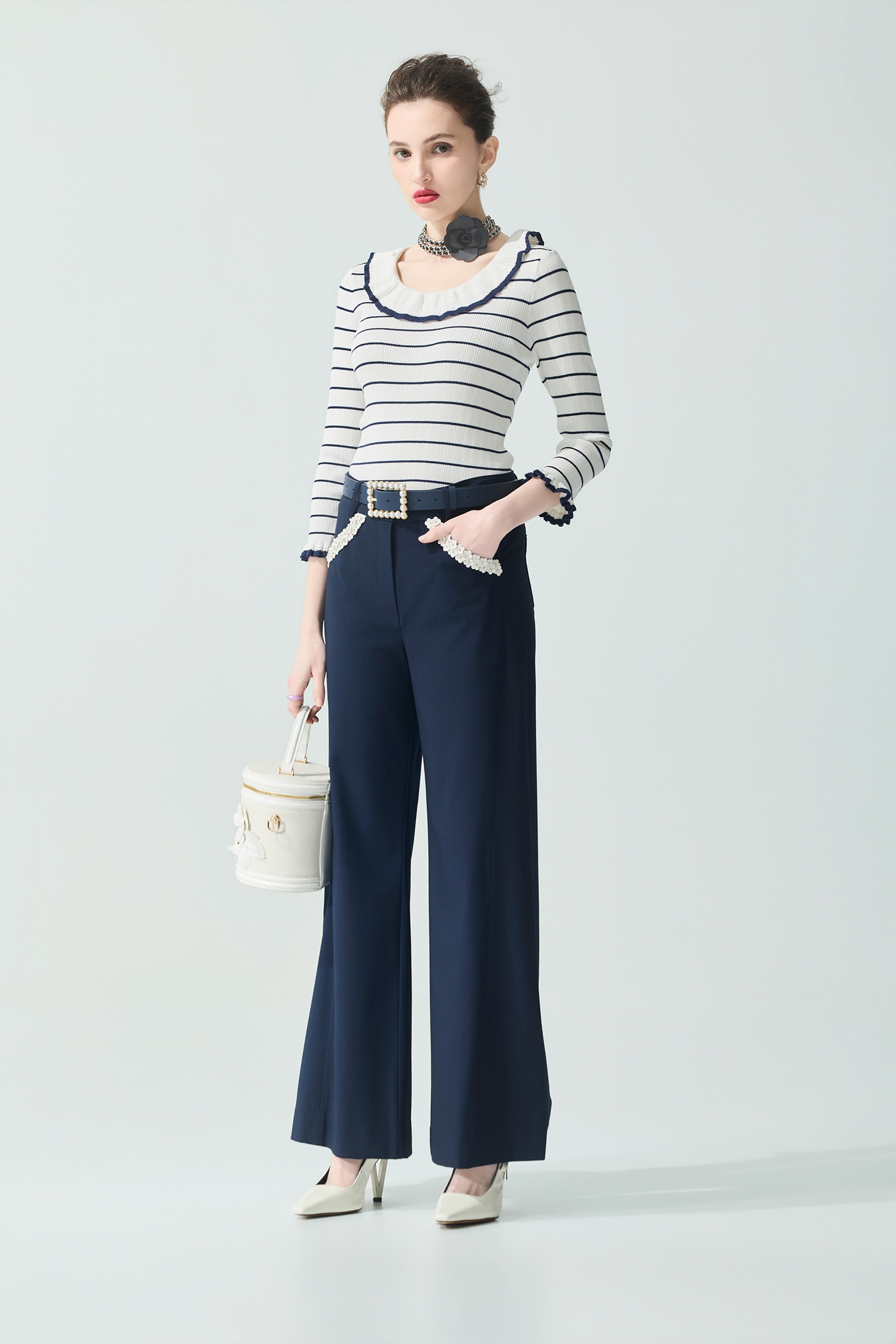 Navy Stripe Ruffle Neckline Knit TopNavy Stripe Ruffle Neckline Knit Top,Tops,Season (SS) Look,Knitted,Knitted tops