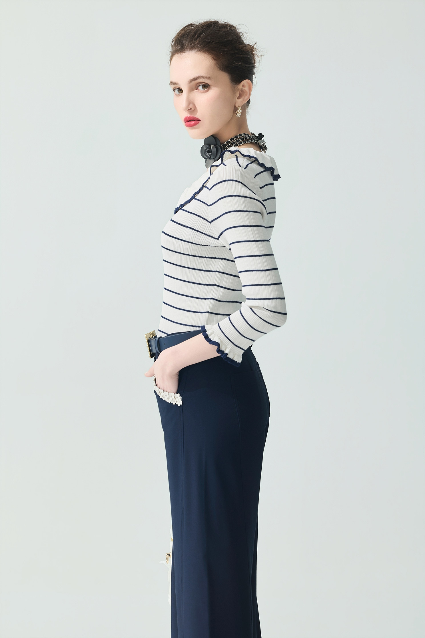 Navy Stripe Ruffle Neckline Knit TopNavy Stripe Ruffle Neckline Knit Top,Tops,Season (SS) Look,Knitted,Knitted tops