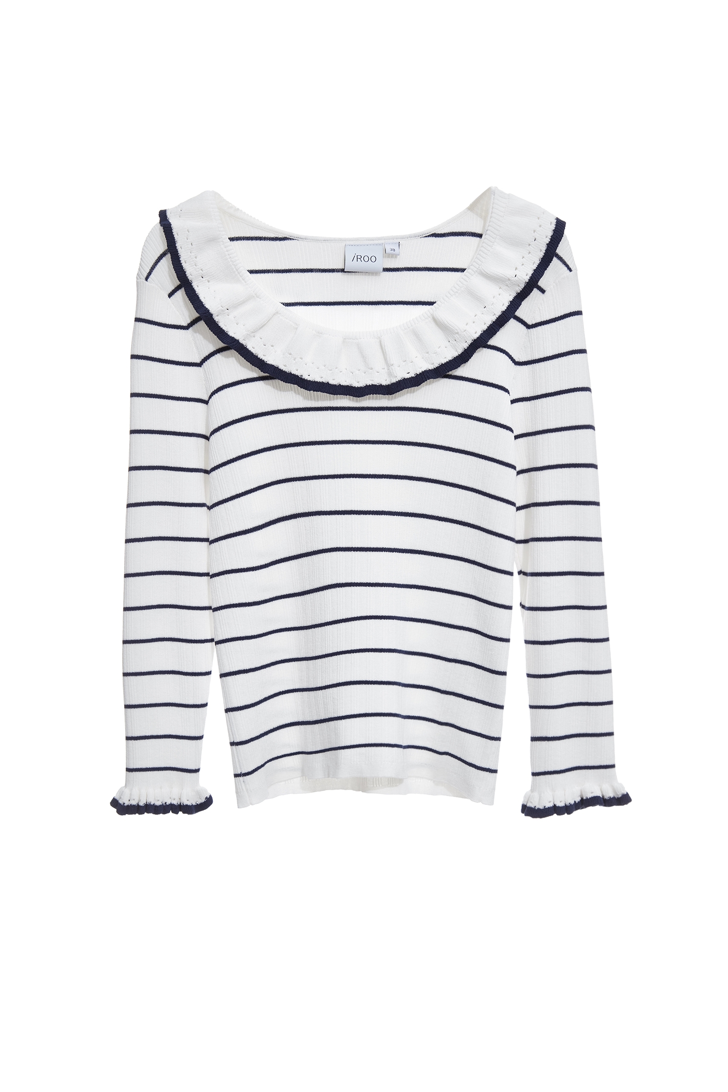 Navy Stripe Ruffle Neckline Knit TopNavy Stripe Ruffle Neckline Knit Top,Tops,Season (SS) Look,Knitted,Knitted tops