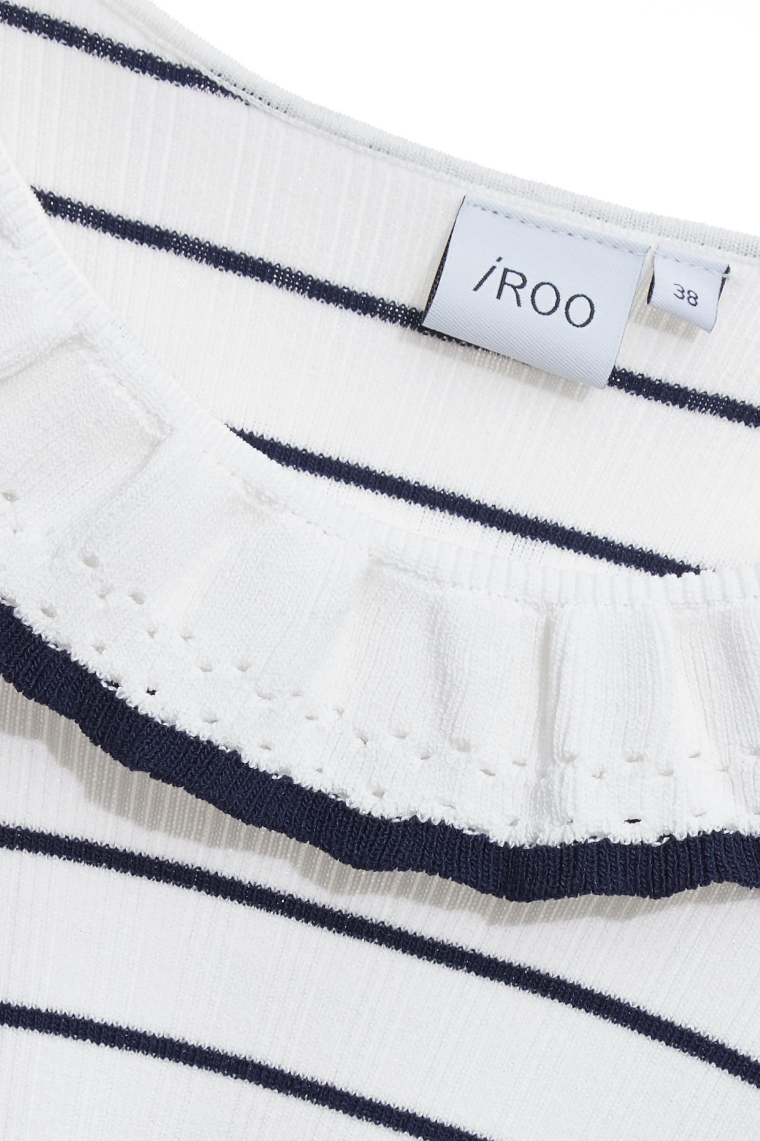 Navy Stripe Ruffle Neckline Knit TopNavy Stripe Ruffle Neckline Knit Top,Tops,Season (SS) Look,Knitted,Knitted tops