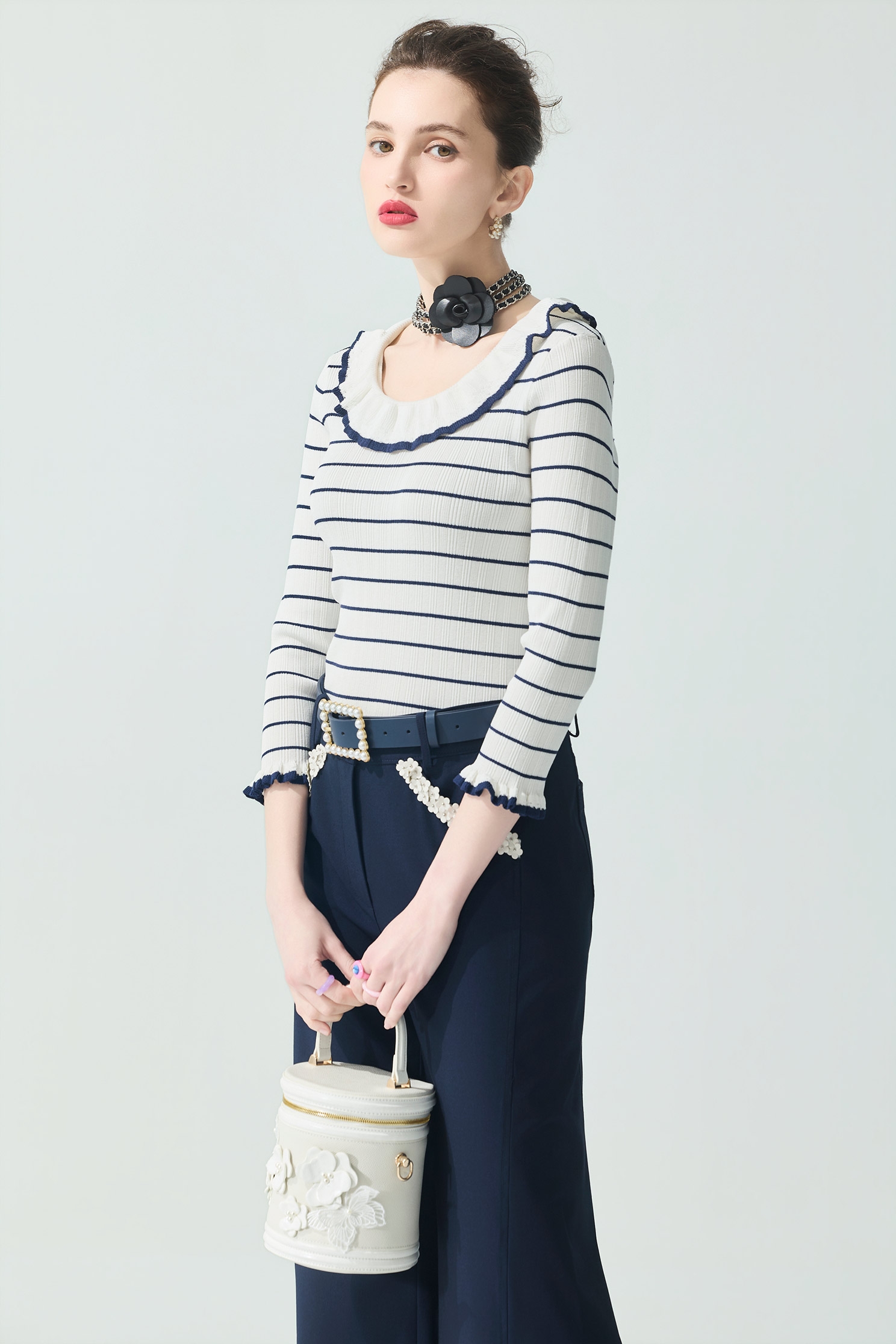 Navy Stripe Ruffle Neckline Knit TopNavy Stripe Ruffle Neckline Knit Top,Tops,Season (SS) Look,Knitted,Knitted tops