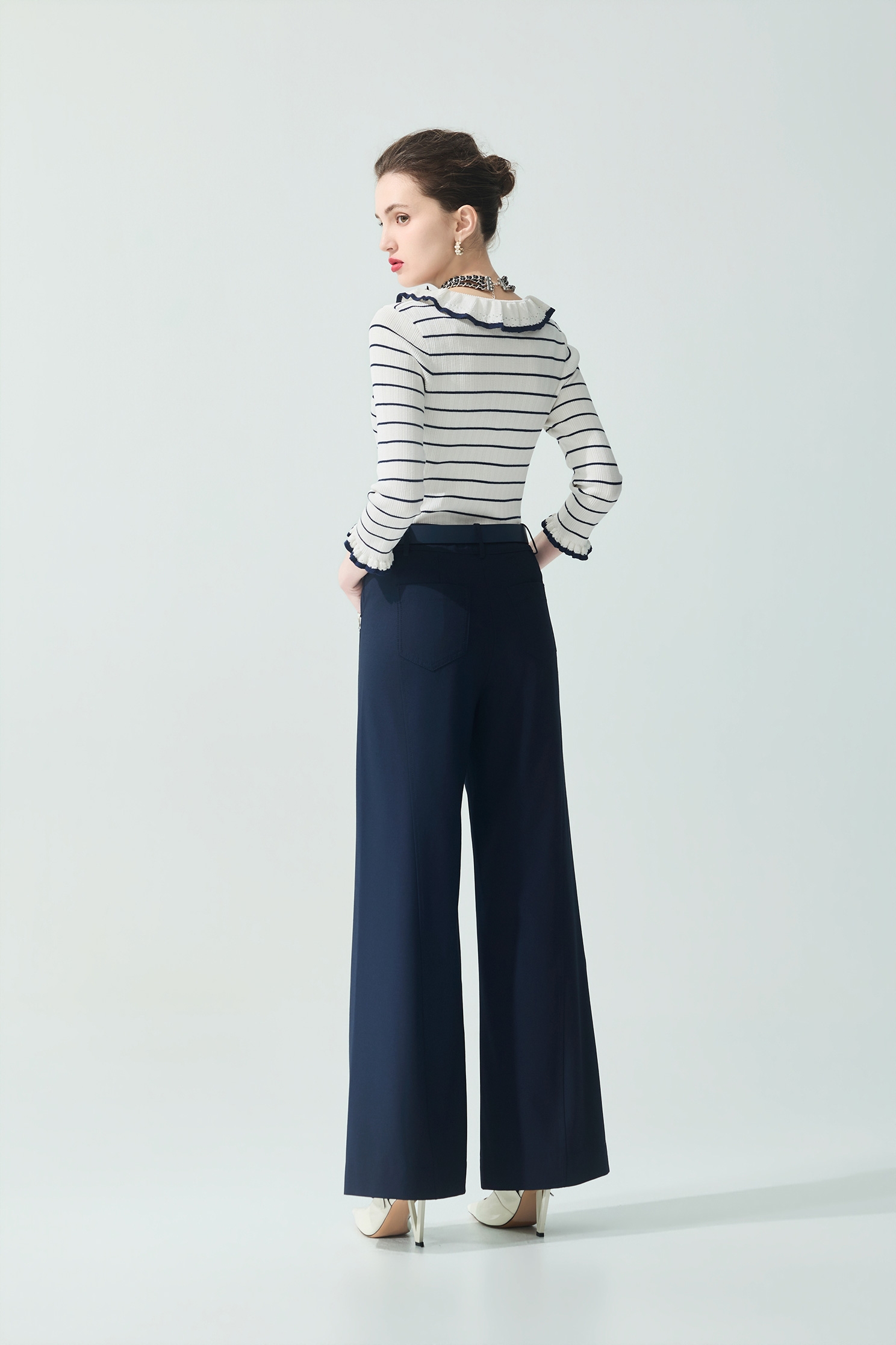 Navy Stripe Ruffle Neckline Knit TopNavy Stripe Ruffle Neckline Knit Top,Tops,Season (SS) Look,Knitted,Knitted tops