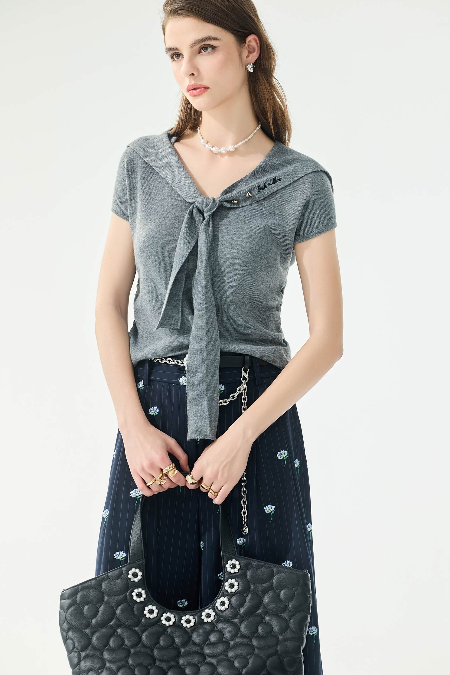 Shawl Neckline Grey Knit TopShawl Neckline Grey Knit Top,Tops,Season (SS) Look,Knitted,Knitted tops