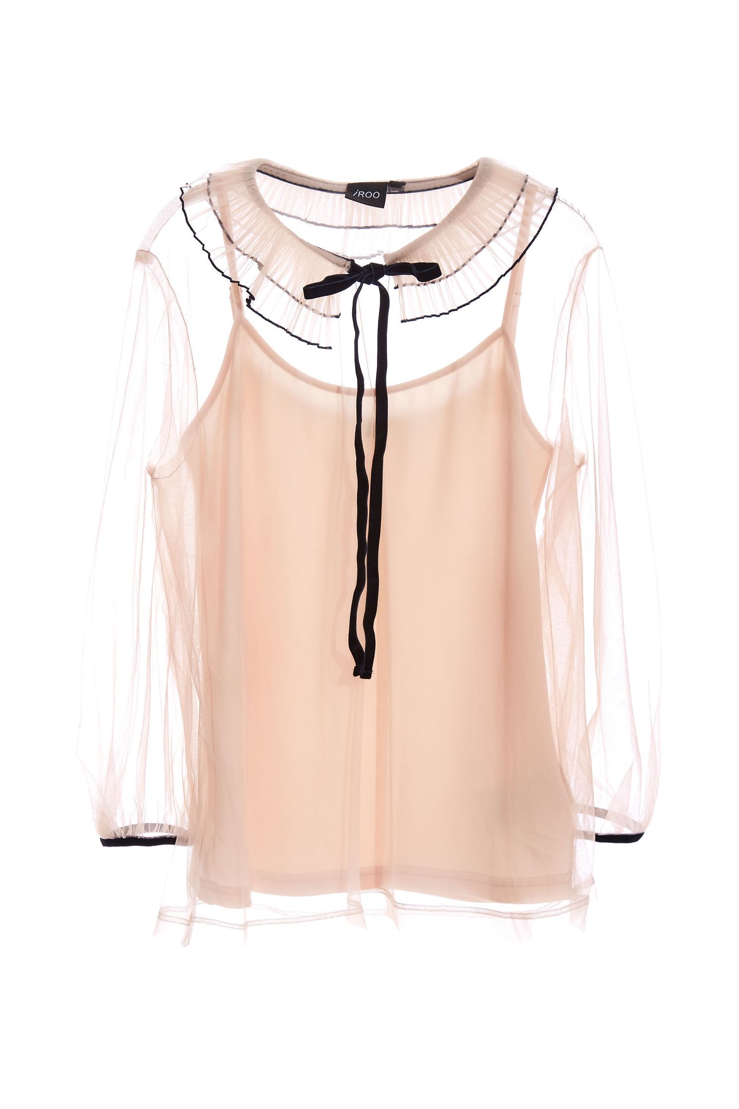 Contrast Trim Chiffon BlouseNaked tulle top with pleated collar,Tops,Round neck tops,Queen,Season (SS) Look,Mesh fabric