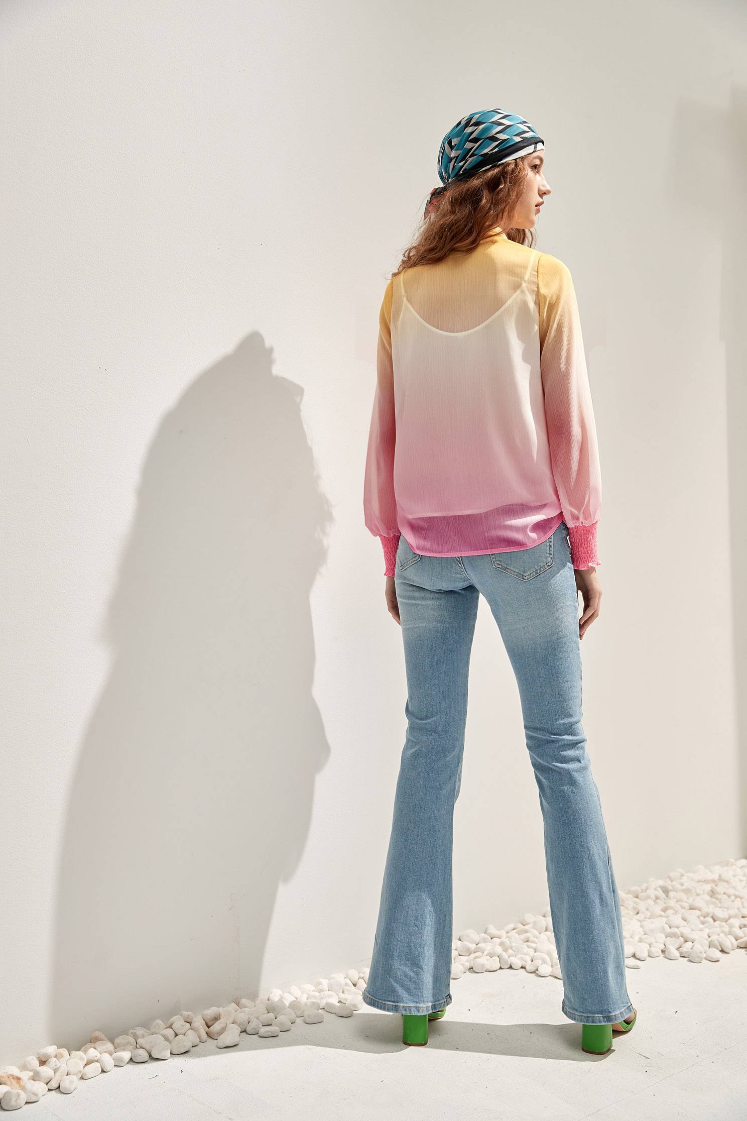 Pastel Colour Gradient Chiffon BlouseGradient rainbow print top,V-Neck T shirts,Tops,Under shirts,Season (SS) Look,mothergift,Pink,Thin straps,sleeveless tops,Long sleeve tops,Chiffon