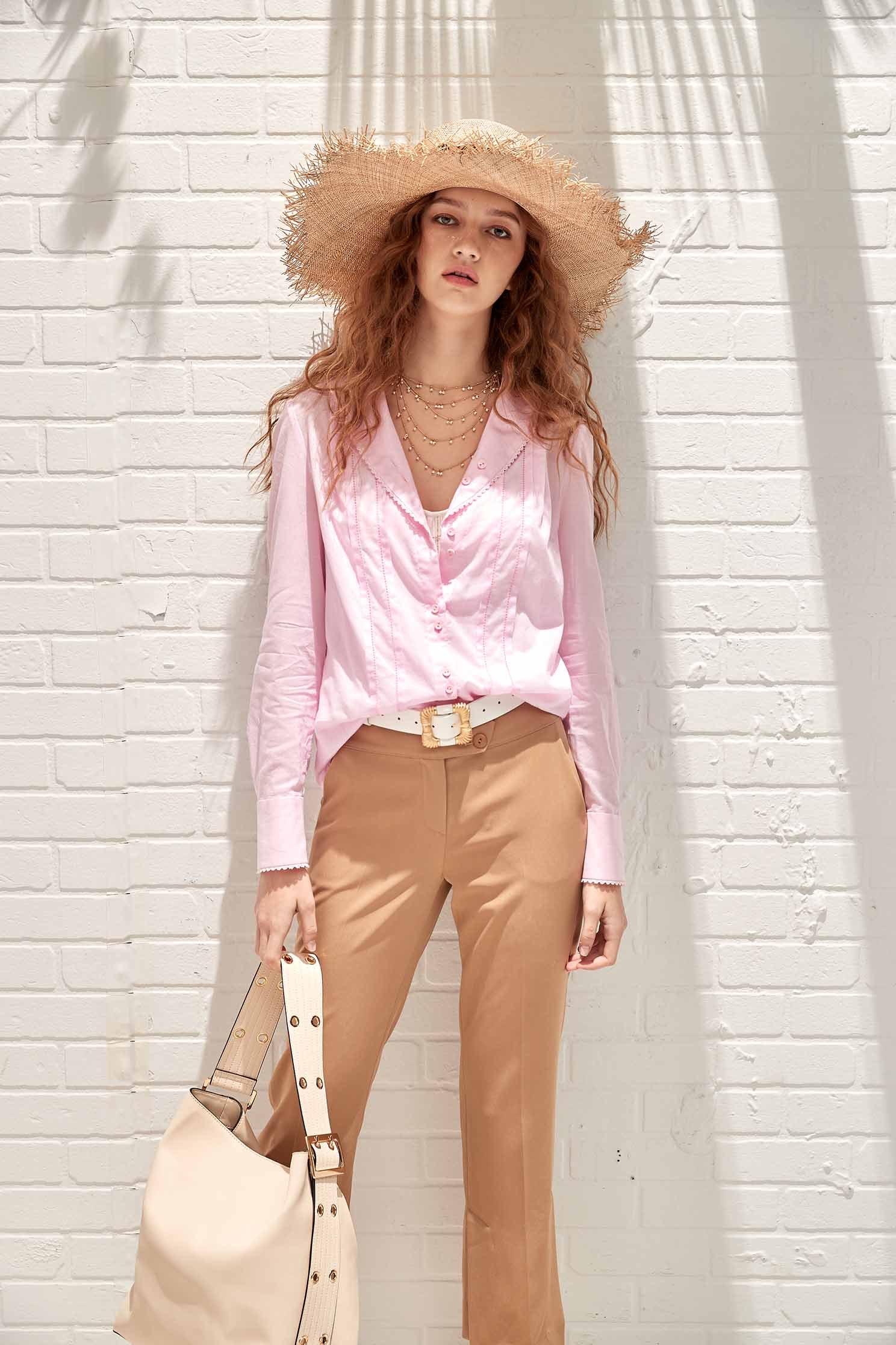Front Pleat Blouse With Collar Trim DetailsDouble-breasted shirt,Office Looks,Tops,Season (SS) Look,White tops,Pink,Lace,Blouses