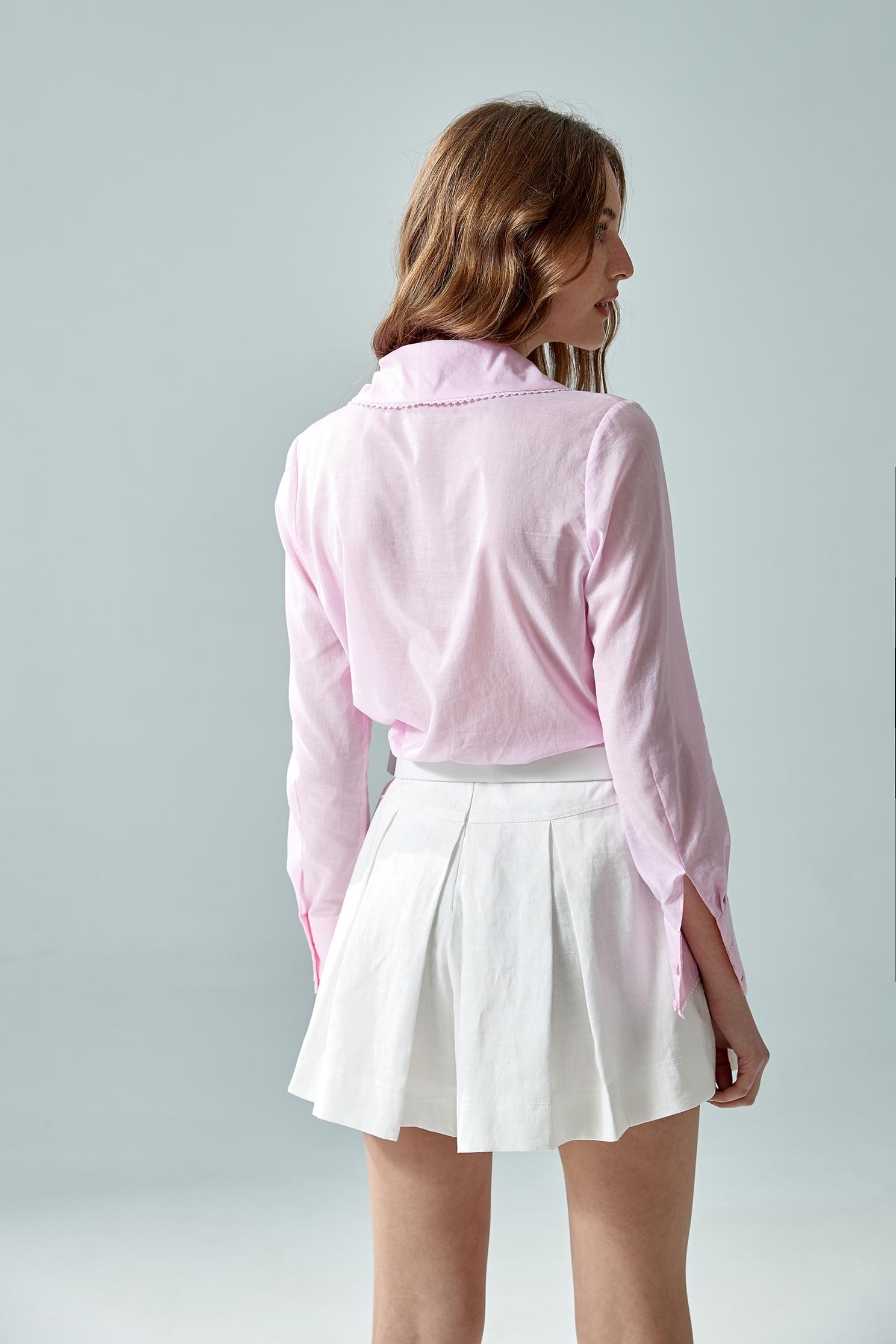 Front Pleat Blouse With Collar Trim DetailsDouble-breasted shirt,Office Looks,Tops,Season (SS) Look,White tops,Pink,Lace,Blouses