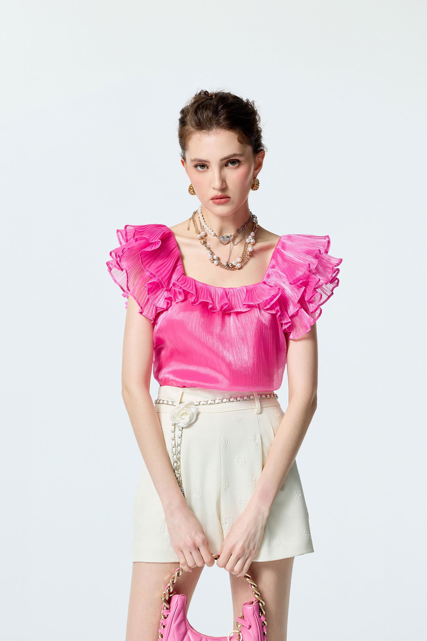 Pleated Ruffle Detail Pink TopPleated Ruffle Detail Pink Top,Tops,Season (SS) Look