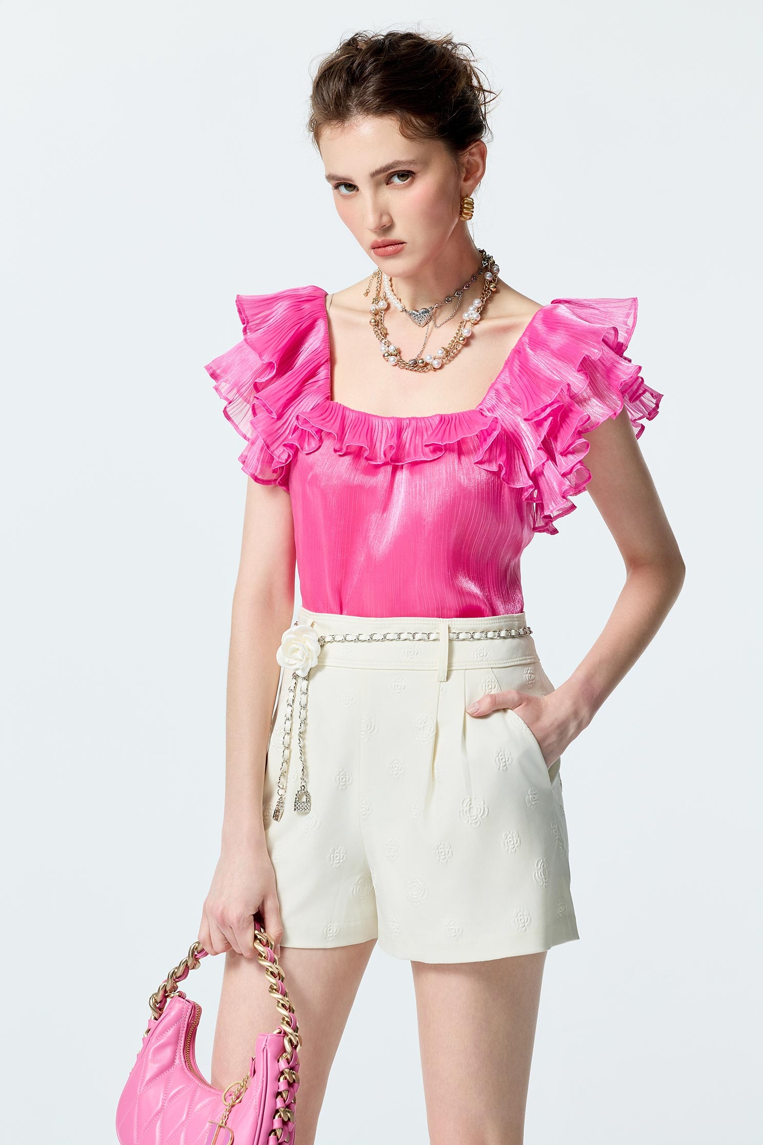 Pleated Ruffle Detail Pink TopPleated Ruffle Detail Pink Top,Tops,Season (SS) Look