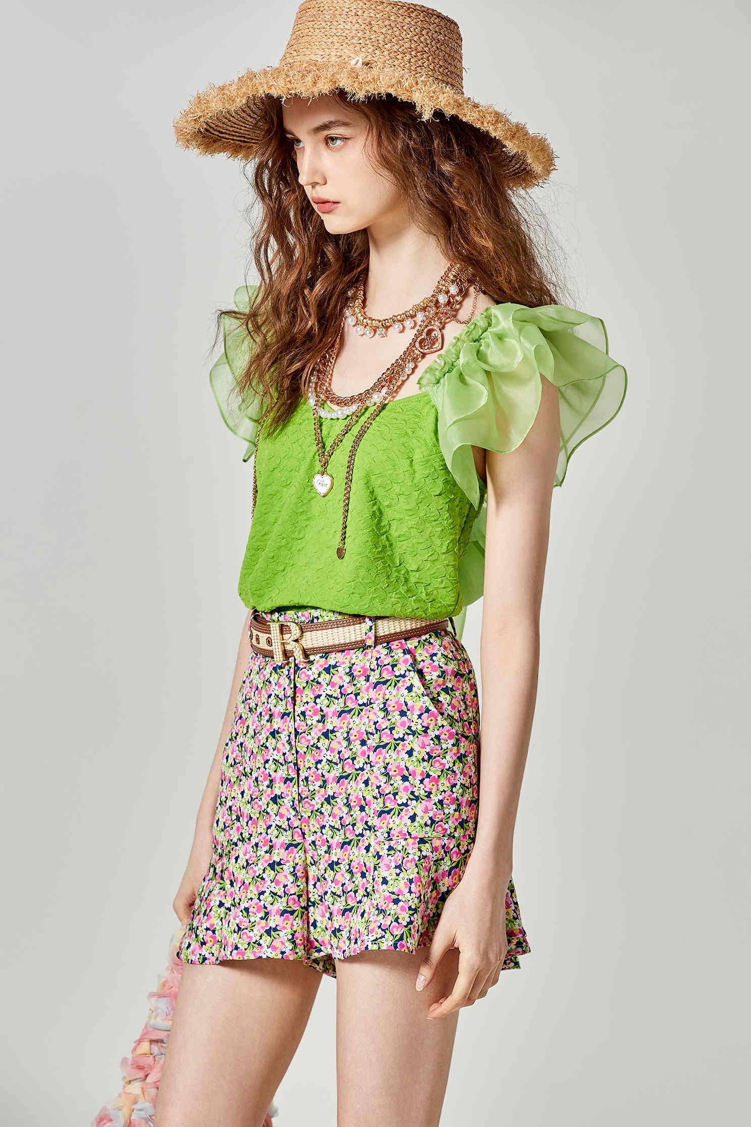 Pleated Ruffle Sleeve Heart Pattern TopPleated Ruffle Sleeve Heart Pattern Top,Tops,bestselling,Season (SS) Look