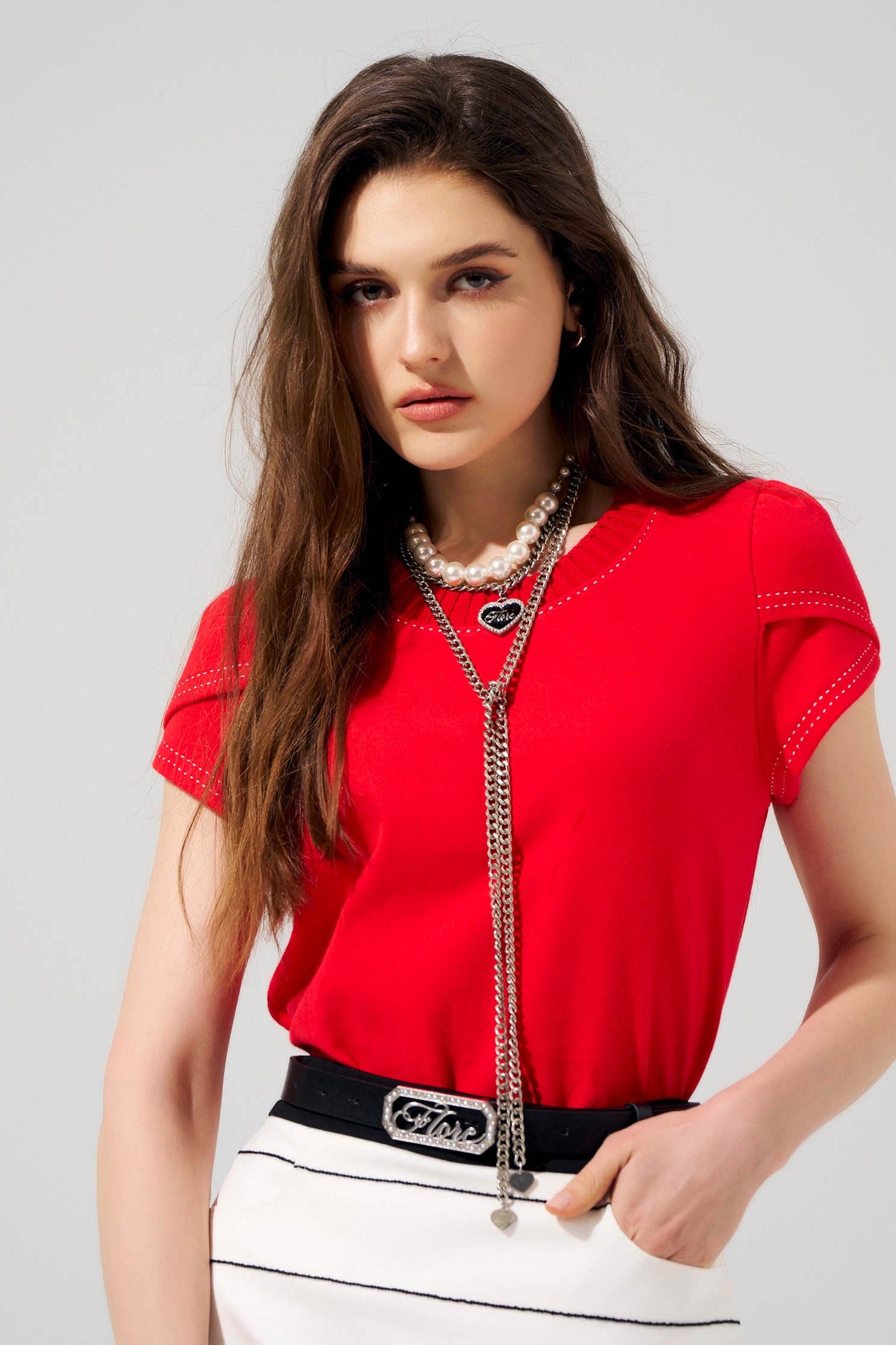 Petal Sleeve Tee With Contrast Stitching DetailPetal Sleeve Tee With Contrast Stitching Detail,Tops,Season (SS) Look