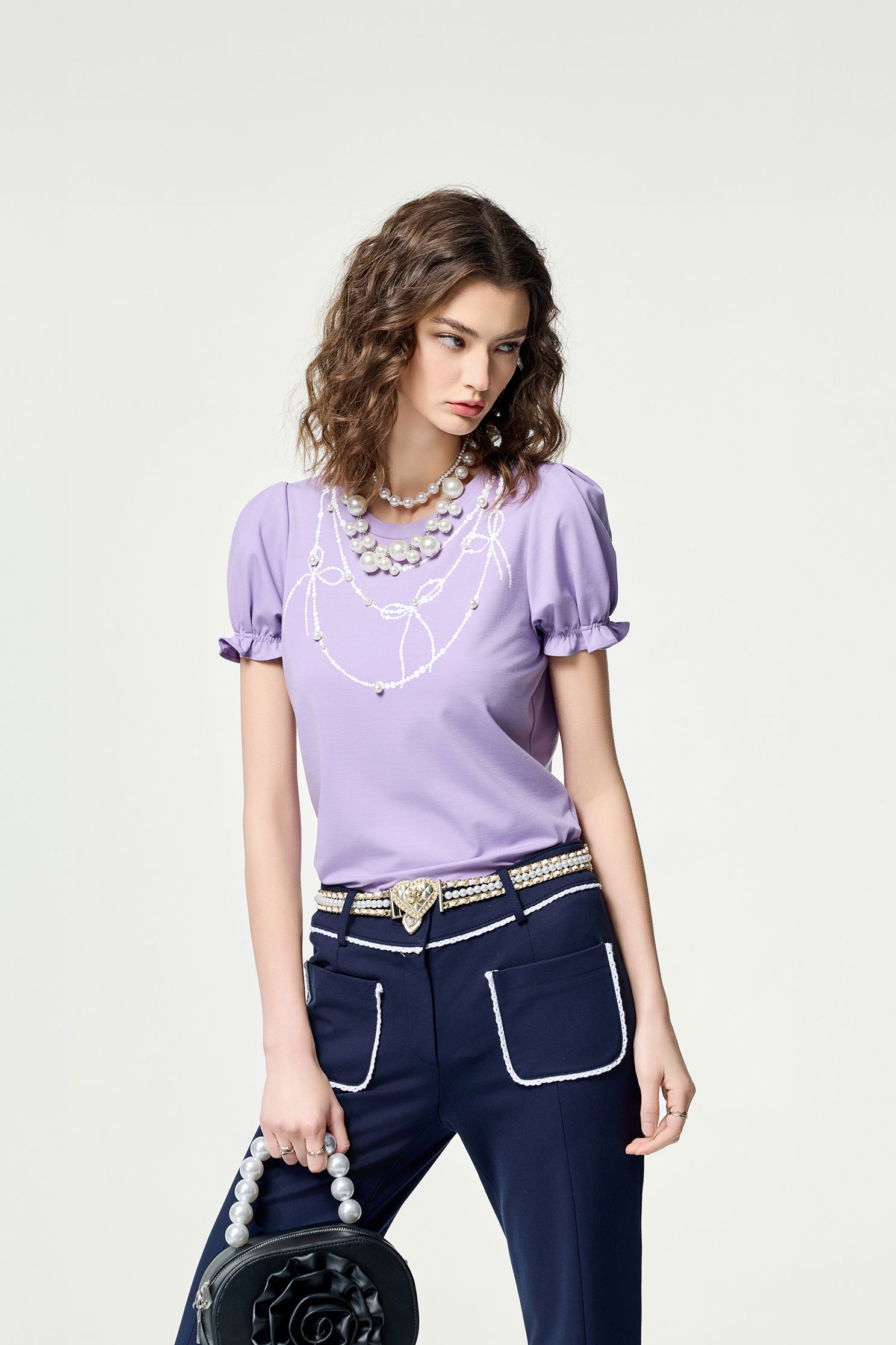 Printed Graphic Pearl Detail TeePrinted Graphic Pearl Detail Tee,Tops,Season (SS) Look,pearl,Necklaces
