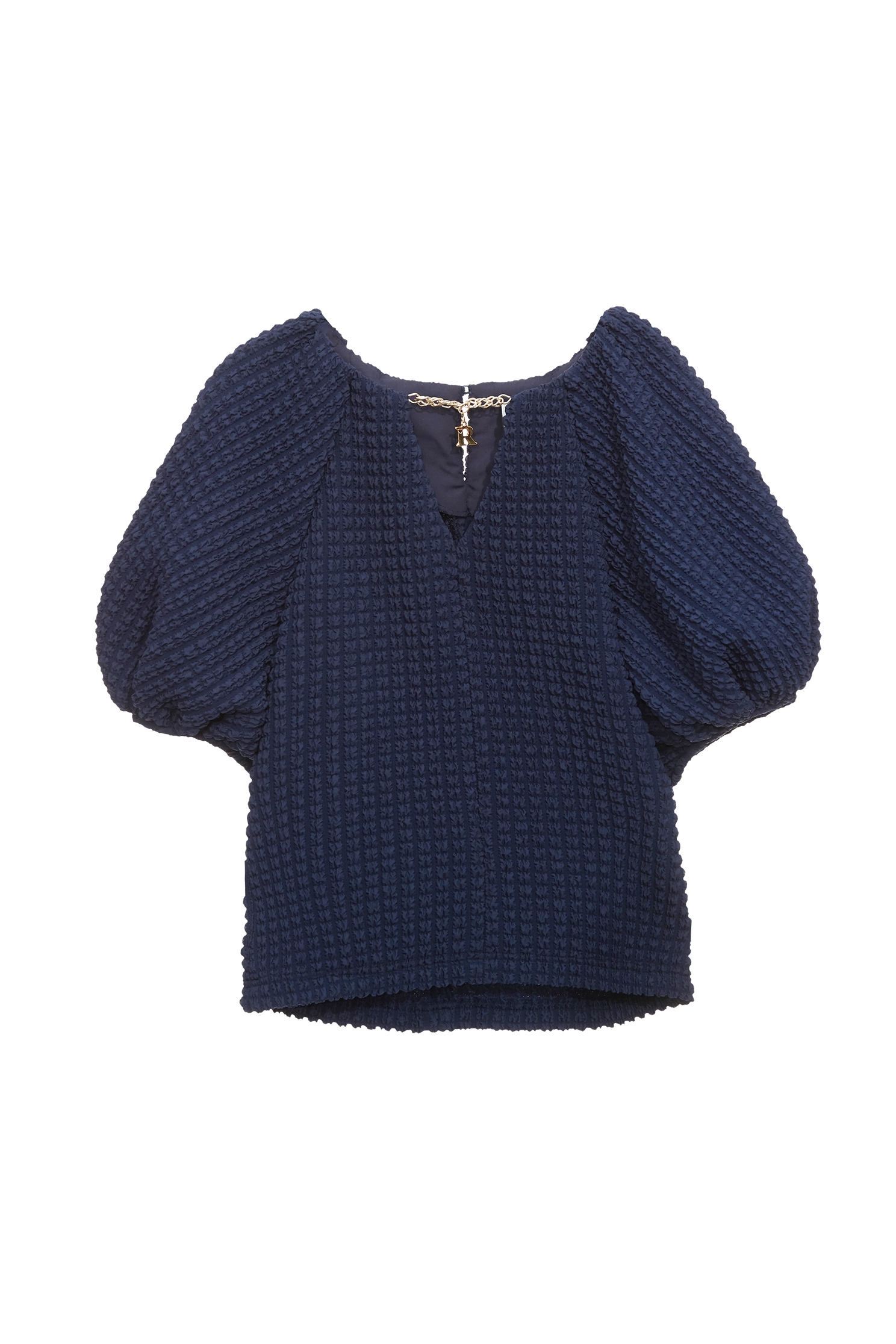 Navy Puff Sleeve V-neck TopNavy Puff Sleeve V-neck Top,V-Neck T shirts,Tops,Season (SS) Look,Plaid,Valentine