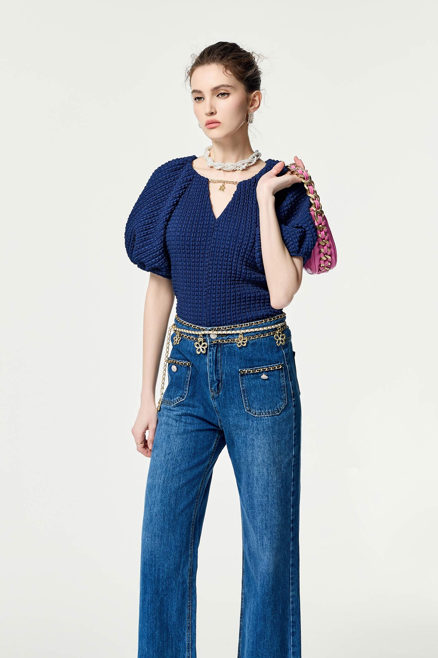 Navy Puff Sleeve V-neck TopNavy Puff Sleeve V-neck Top,V-Neck T shirts,Tops,Season (SS) Look,Plaid,Valentine