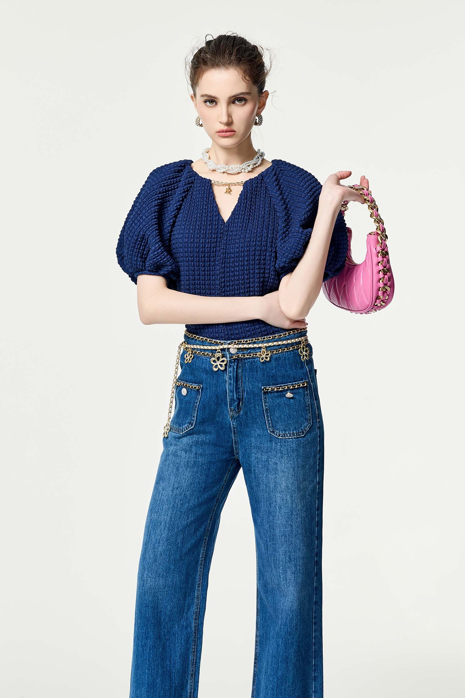 Navy Puff Sleeve V-neck TopNavy Puff Sleeve V-neck Top,V-Neck T shirts,Tops,Season (SS) Look,Plaid,Valentine