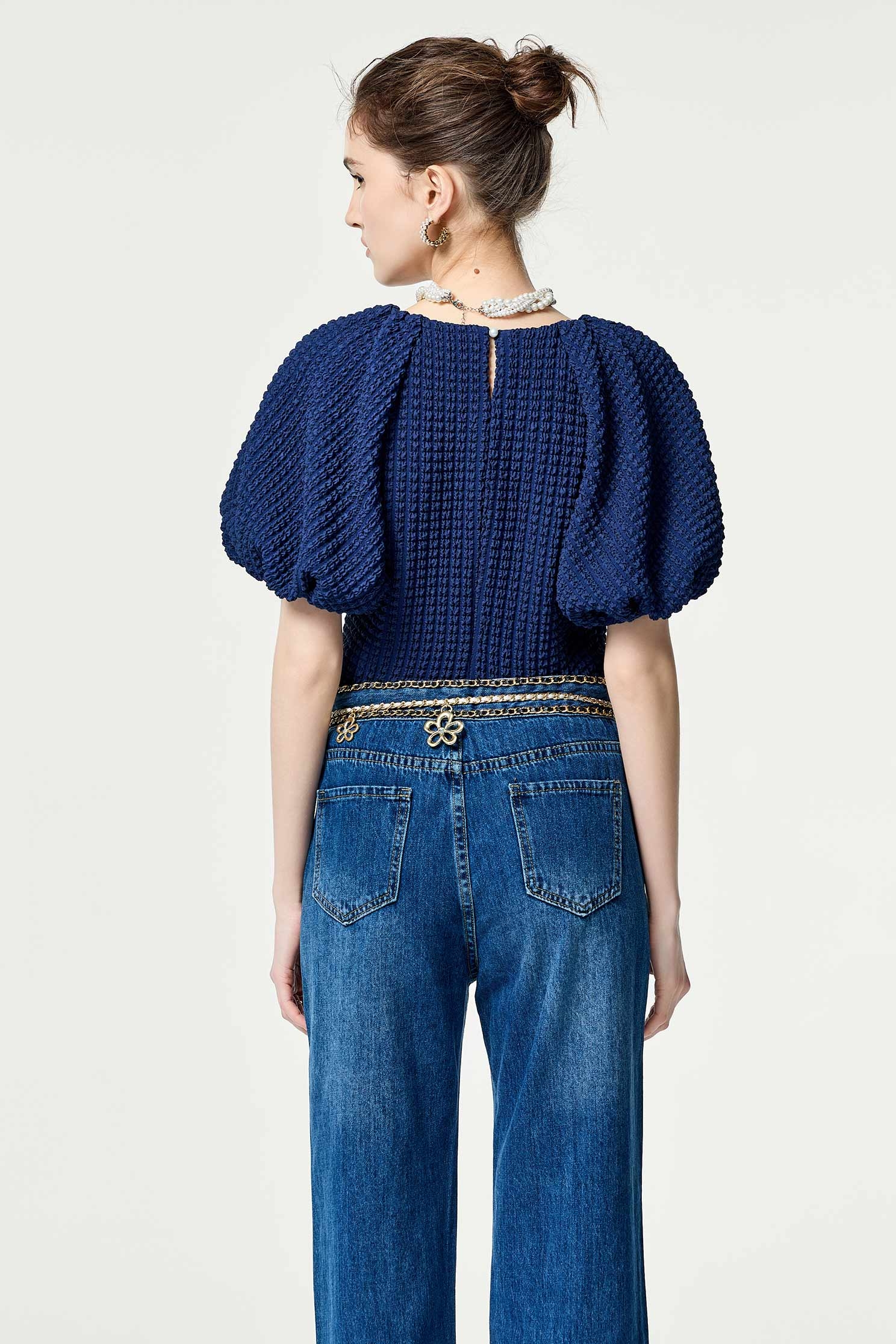 Navy Puff Sleeve V-neck TopNavy Puff Sleeve V-neck Top,V-Neck T shirts,Tops,Season (SS) Look,Plaid,Valentine
