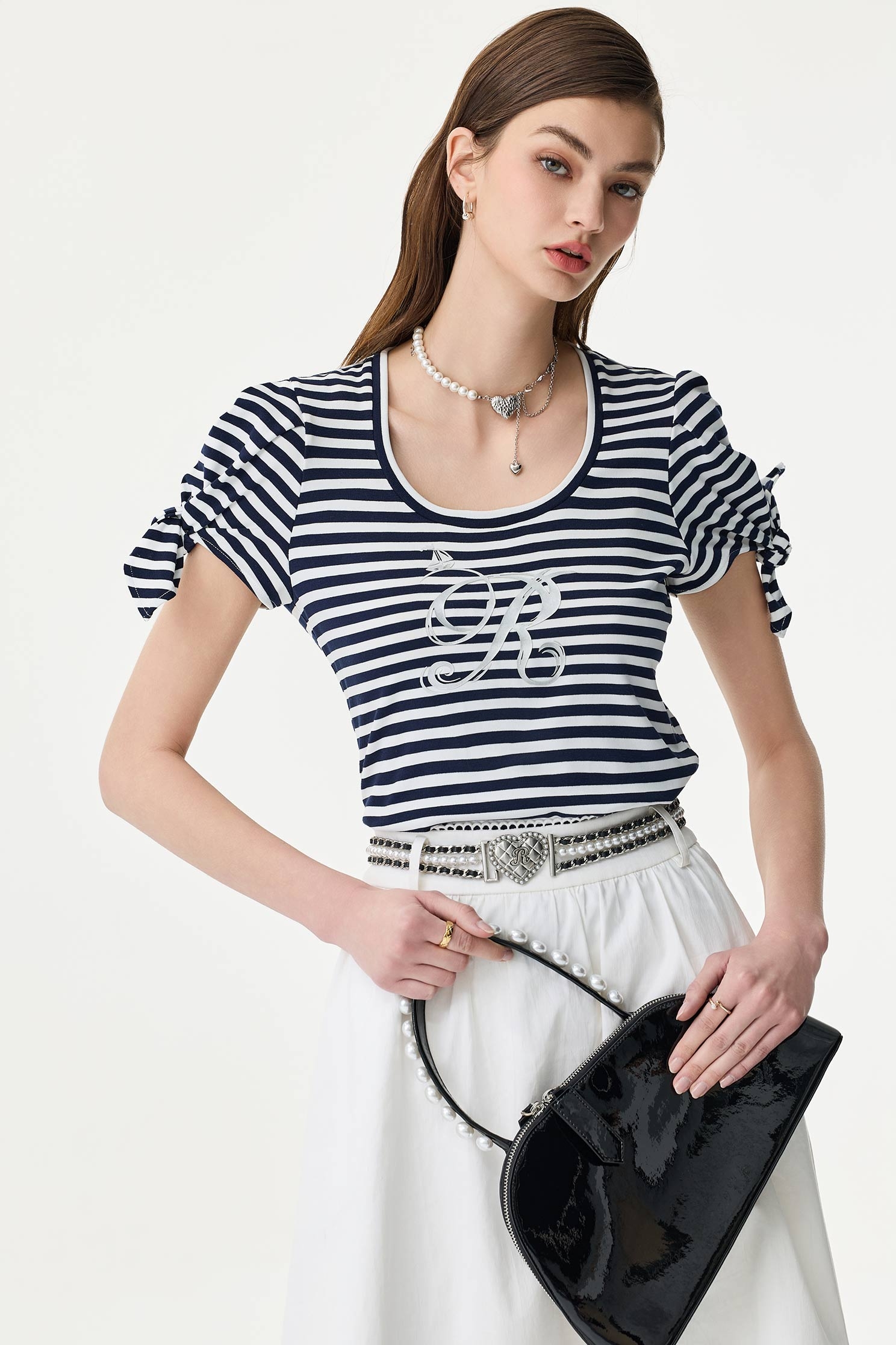 Navy Stripe R Logo TeeNavy Stripe R Logo Tee,U-Neck T shirts,Tops,Season (SS) Look,Stripe,Valentine