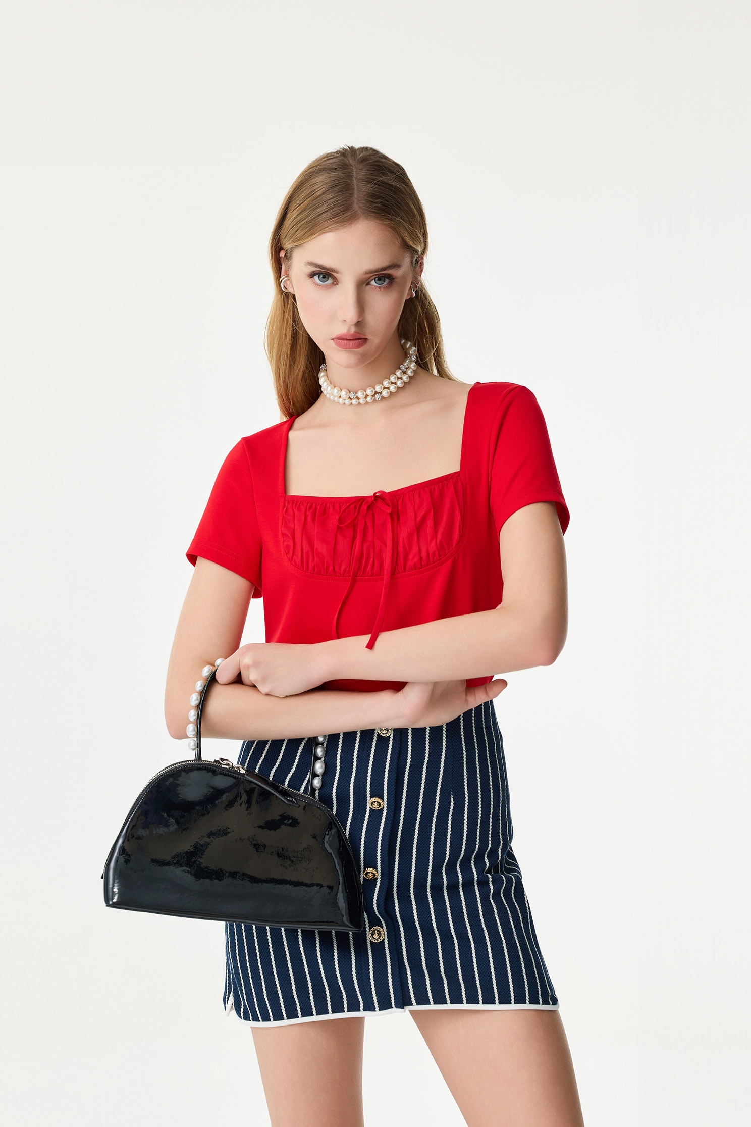 Front Pleat Detail Short Sleeve TeeFront Pleat Detail Short Sleeve Tee,U-Neck T shirts,Tops,Season (SS) Look,Valentine,bows