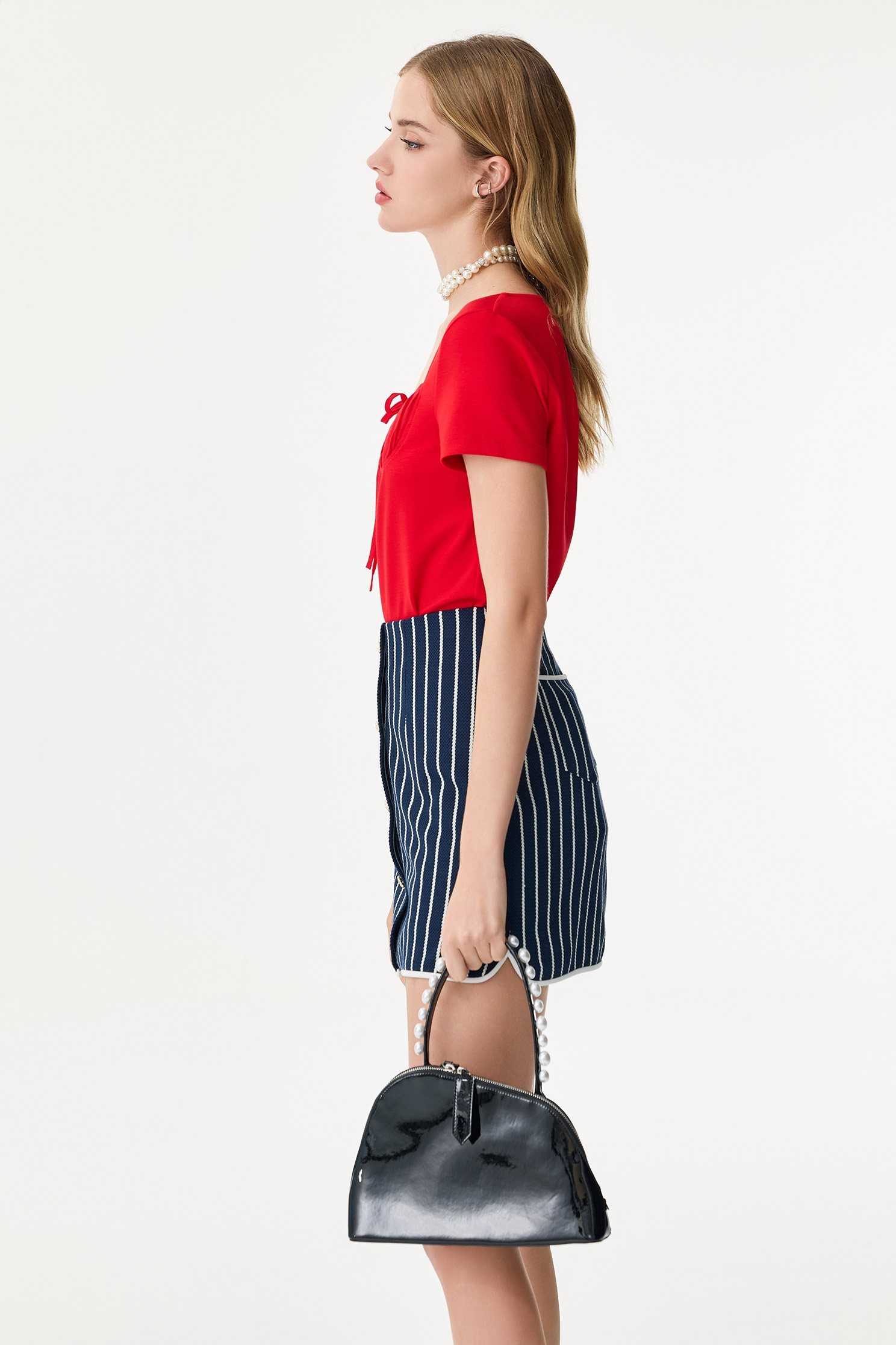 Front Pleat Detail Short Sleeve TeeFront Pleat Detail Short Sleeve Tee,U-Neck T shirts,Tops,Season (SS) Look,Valentine,bows