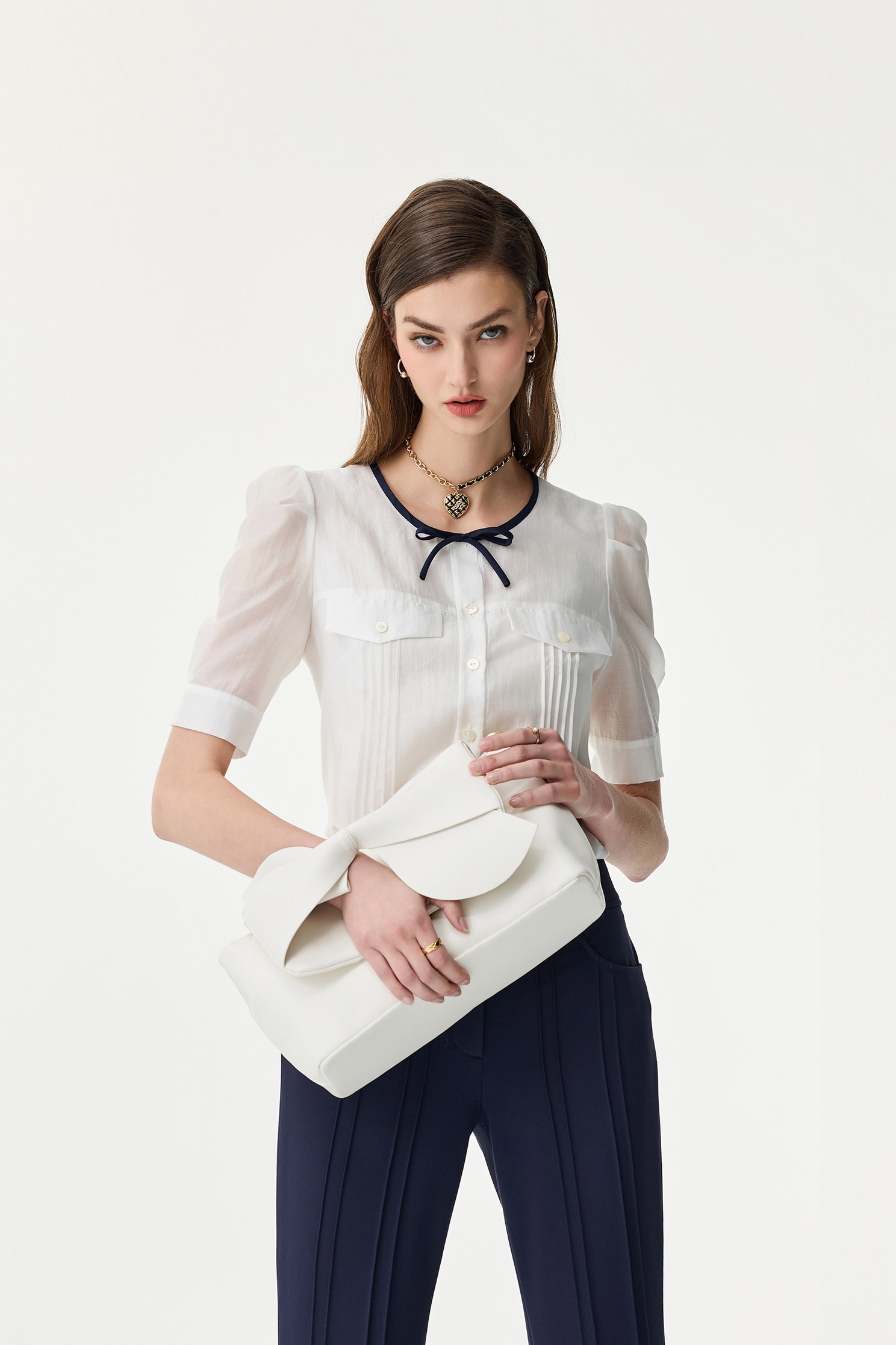 Navy Bow Detail Button Front BlouseNavy Bow Detail Button Front Blouse,Office Looks,Tops,Season (SS) Look,White tops