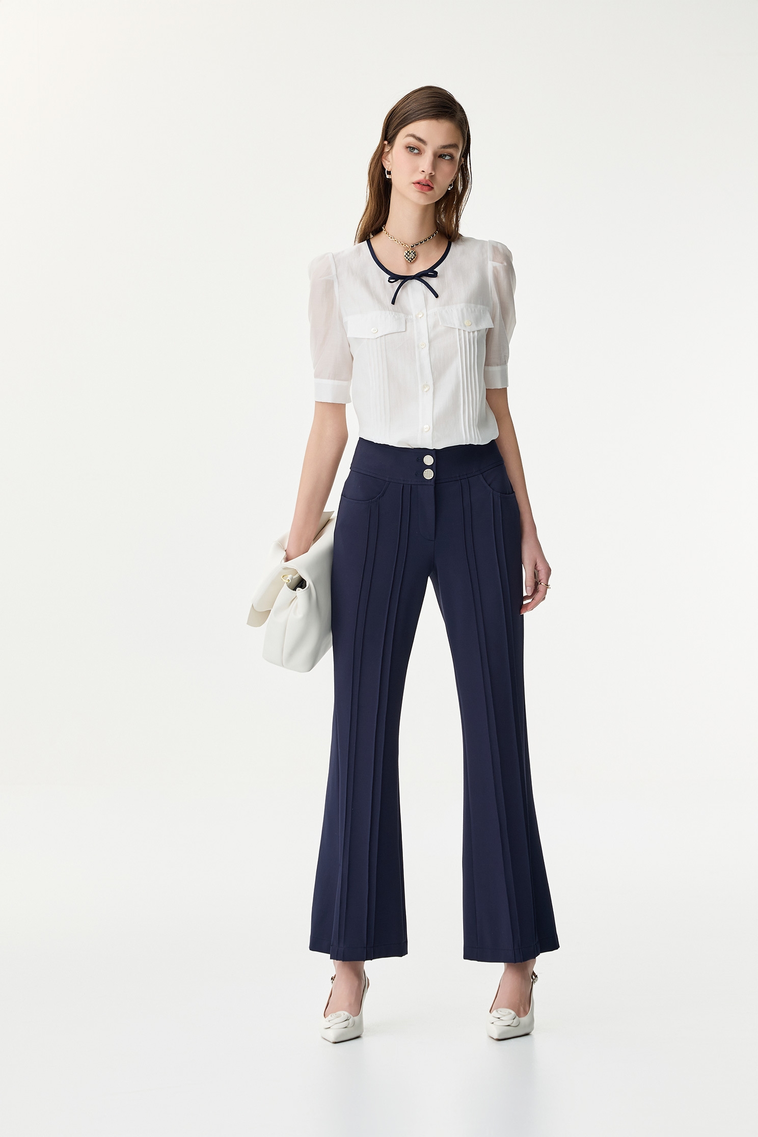 Navy Bow Detail Button Front BlouseNavy Bow Detail Button Front Blouse,Office Looks,Tops,Season (SS) Look,White tops