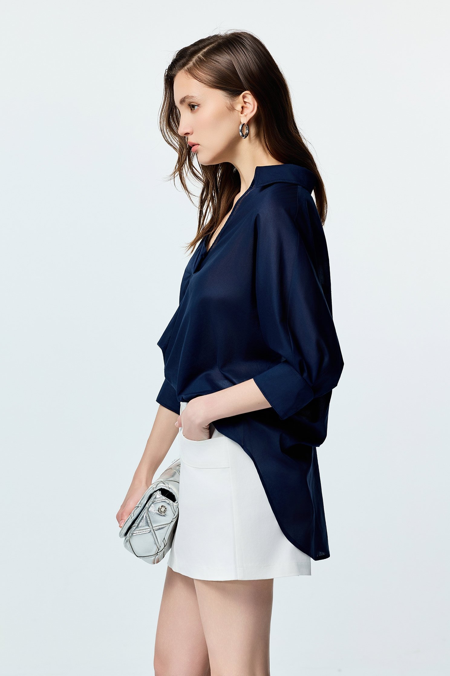 V-neck Loose Fit Navy TopV-neck Loose Fit Navy Top,3/4 Sleeve tops,Office Looks,Tops,Embroidered,Season (SS) Look,Blouses,Urban Fashion