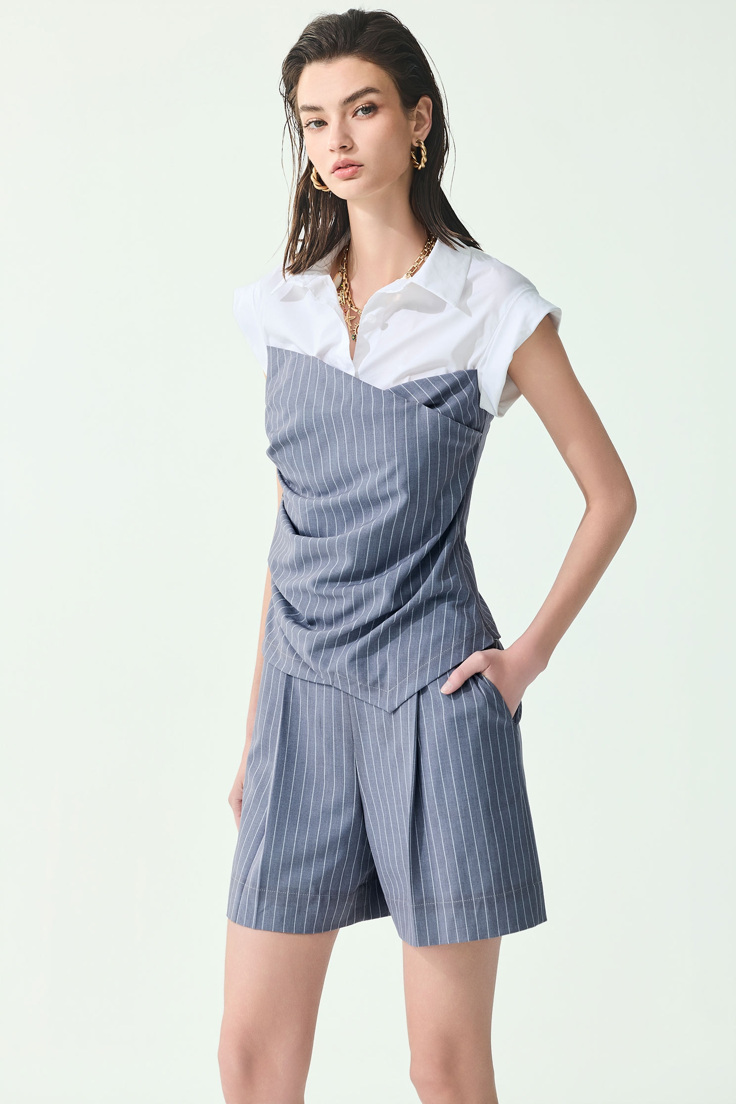 Asymmetric Fold Detail Pinstripe TopAsymmetric Fold Detail Pinstripe Top,Tops,Season (SS) Look
