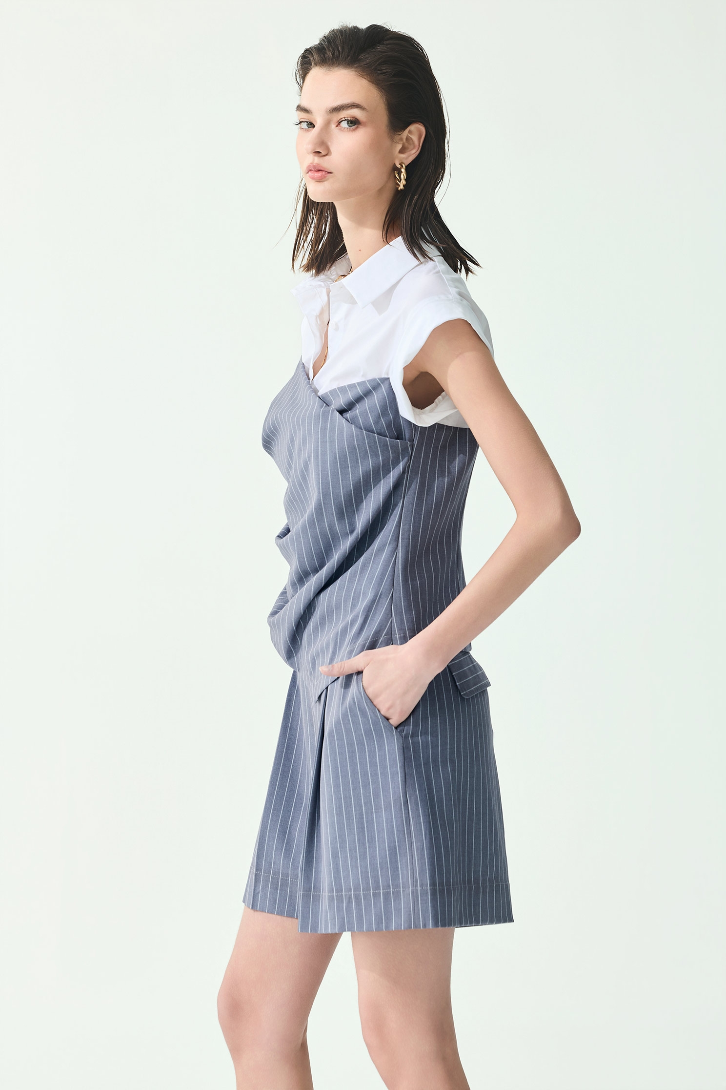 Asymmetric Fold Detail Pinstripe TopAsymmetric Fold Detail Pinstripe Top,Tops,Season (SS) Look
