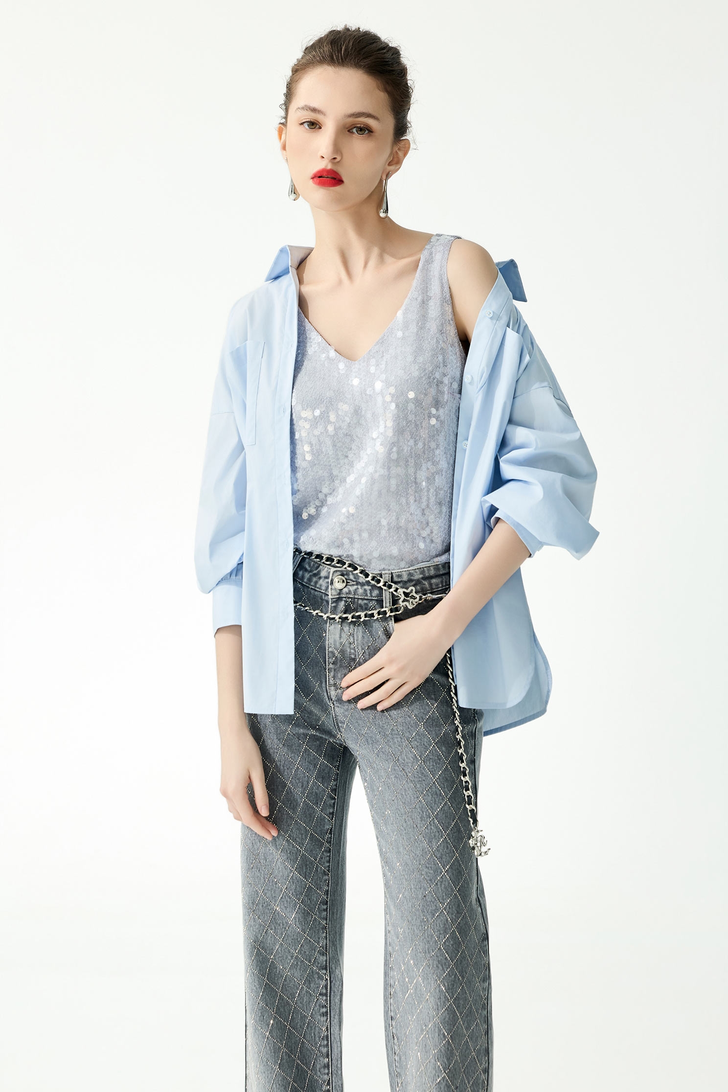 Patch Pockets Button Front BlousePatch Pockets Button Front Blouse,Tops,Embroidered,Season (SS) Look,Blouses
