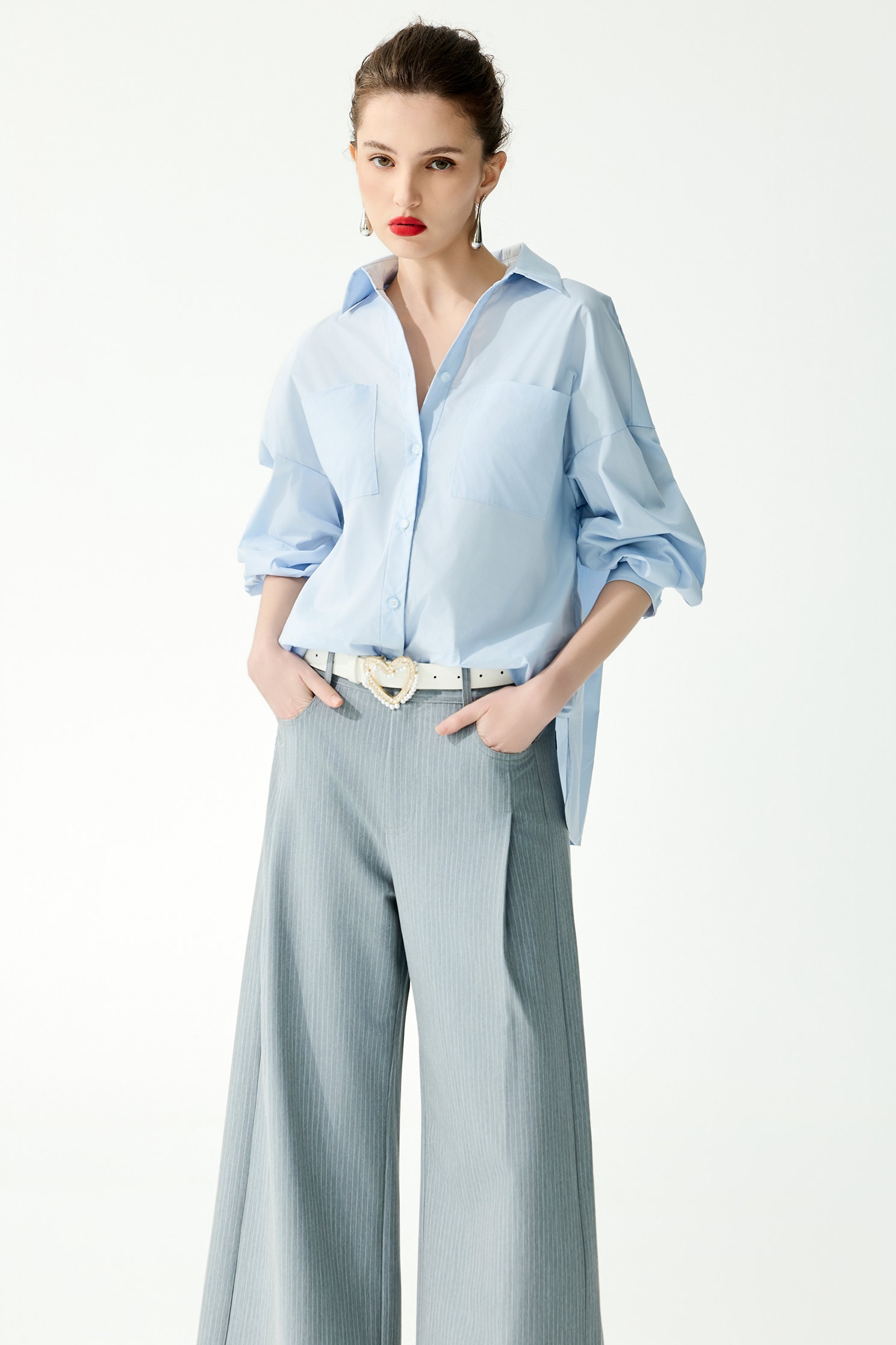 Patch Pockets Button Front BlousePatch Pockets Button Front Blouse,Tops,Embroidered,Season (SS) Look,Blouses