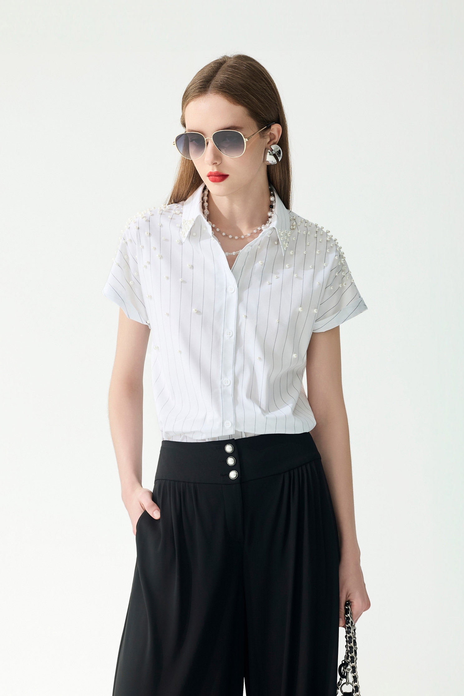 Pearl Applique Pinstripe TopPearl Applique Pinstripe Top,Tops,Season (SS) Look,Stripe,pearl