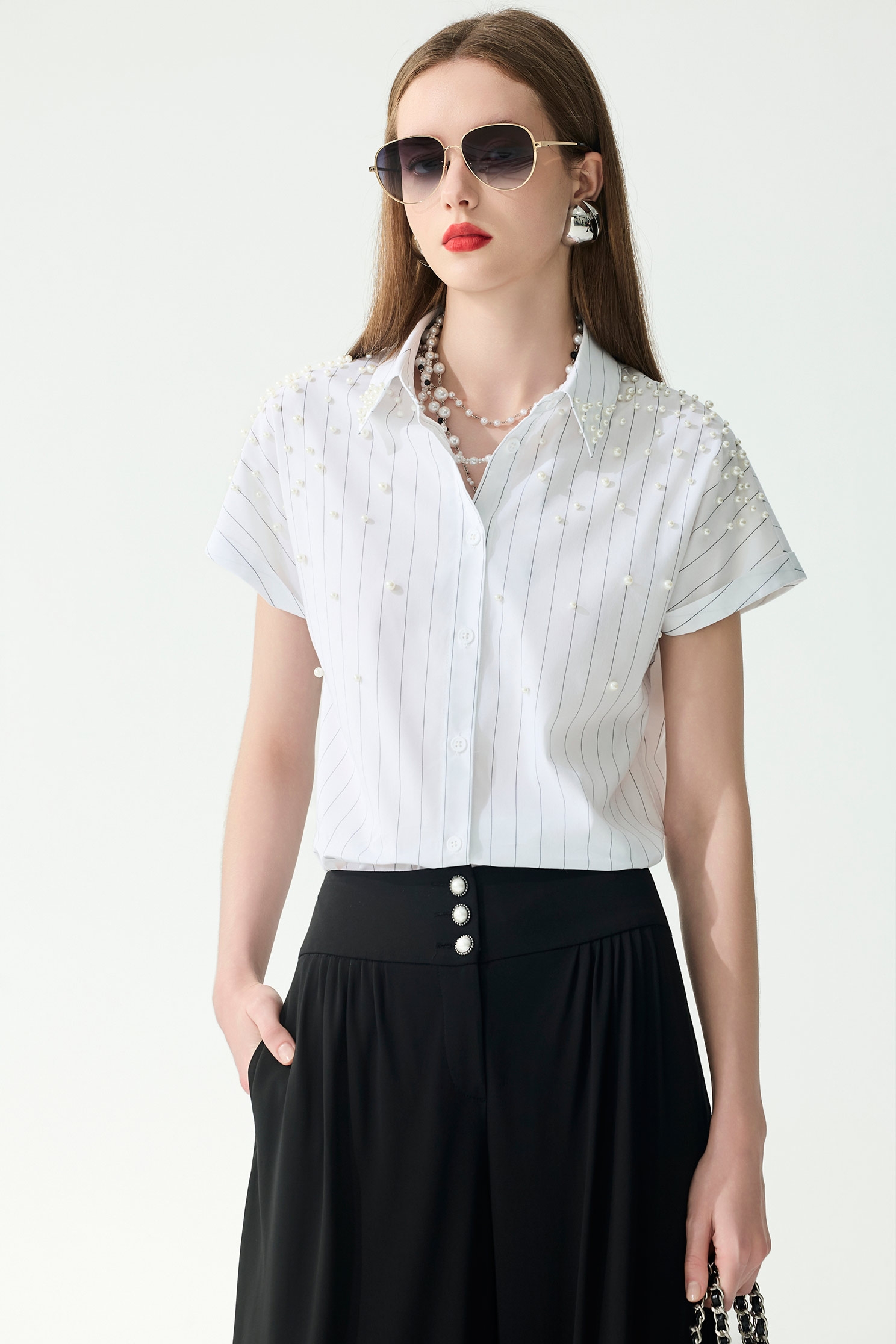 Pearl Applique Pinstripe TopPearl Applique Pinstripe Top,Tops,Season (SS) Look,Stripe,pearl