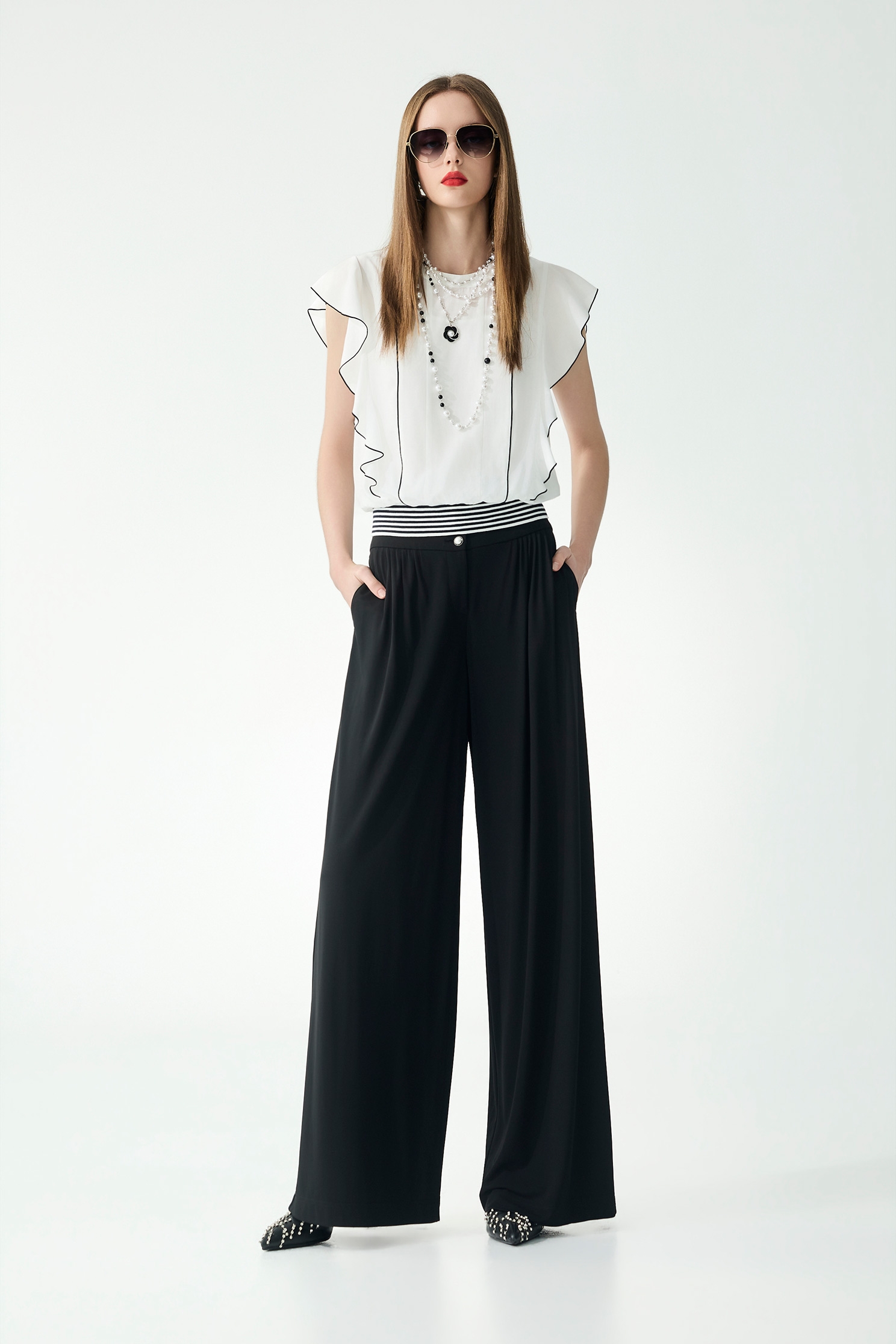 Contrast Black Trim Ruffle Sleeve TopContrast Black Trim Ruffle Sleeve Top,Tops,Season (SS) Look,White tops