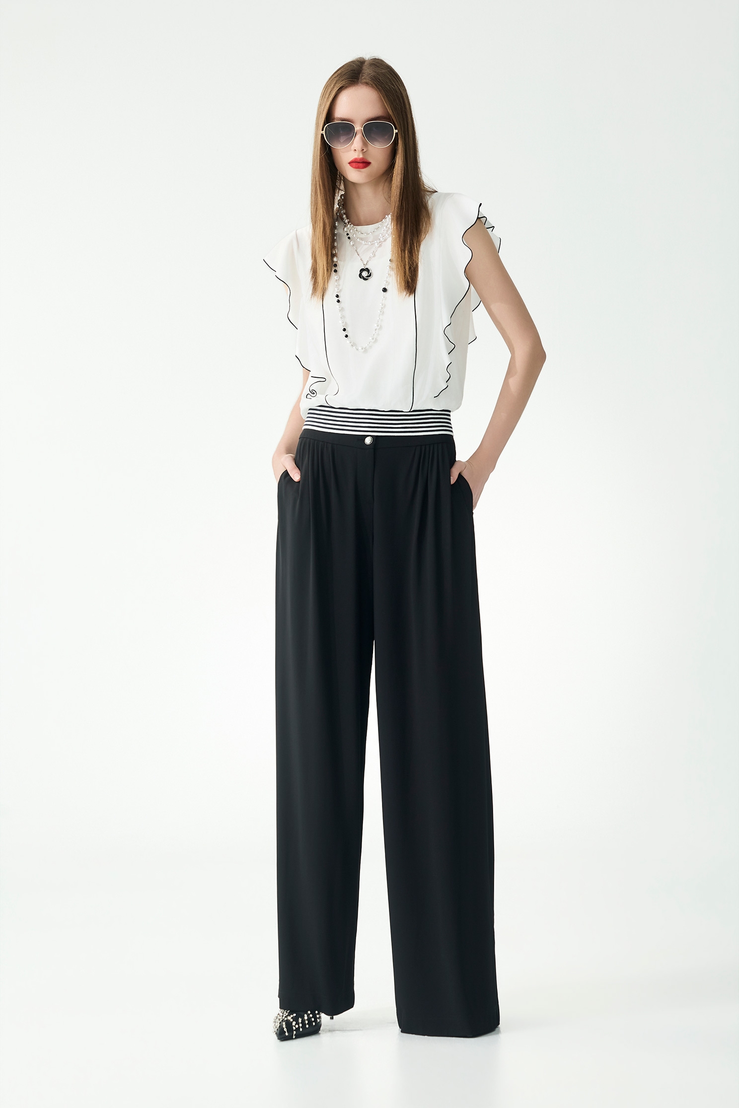 Contrast Black Trim Ruffle Sleeve TopContrast Black Trim Ruffle Sleeve Top,Tops,Season (SS) Look,White tops